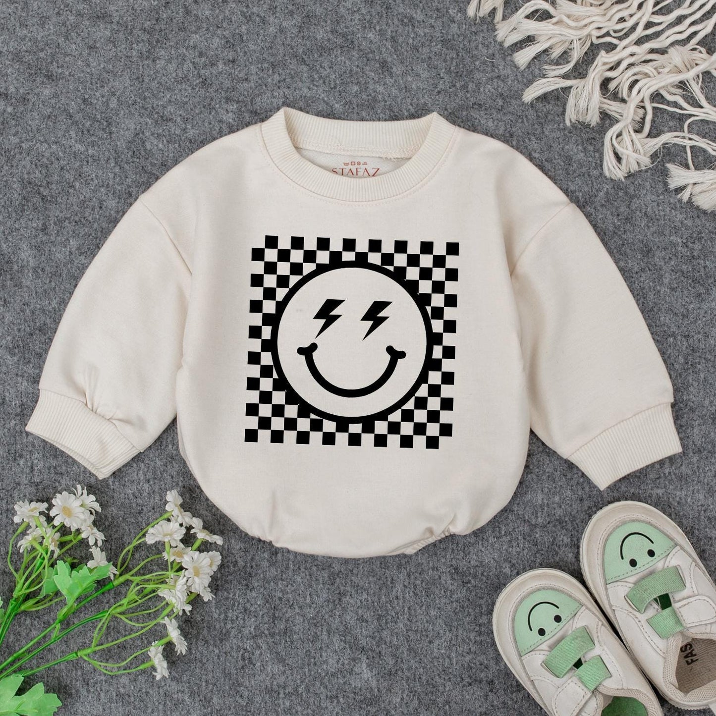 Retro Smiley Baby Romper Checkered Fun! Grandbaby Bodysuit Vintage Newborn Bubble Romper Announcement Gift Lightning Bolt Eyes Playful 1960s Style