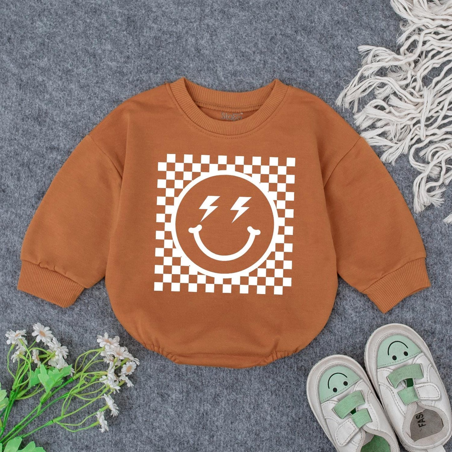 Retro Smiley Baby Romper Checkered Fun! Grandbaby Bodysuit Vintage Newborn Bubble Romper Announcement Gift Lightning Bolt Eyes Playful 1960s Style