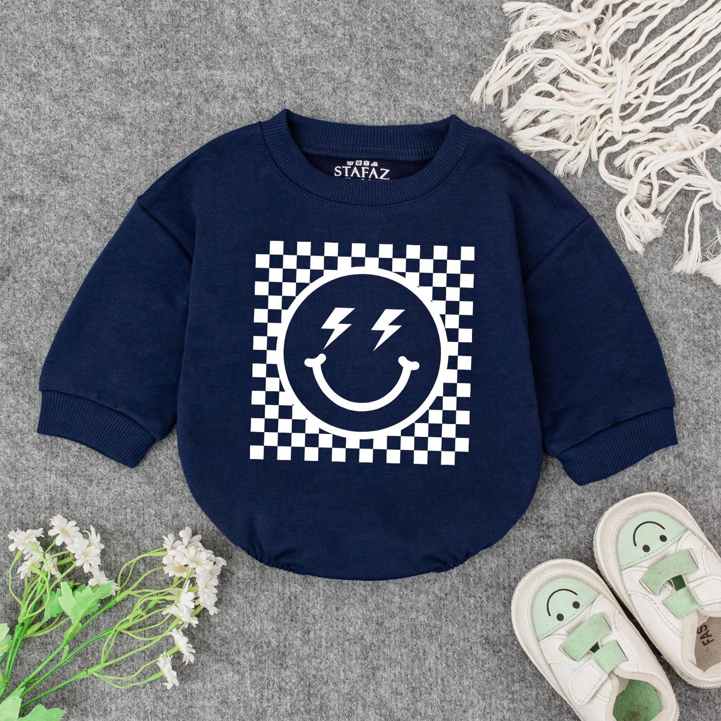Retro Smiley Baby Romper Checkered Fun! Grandbaby Bodysuit Vintage Newborn Bubble Romper Announcement Gift Lightning Bolt Eyes Playful 1960s Style