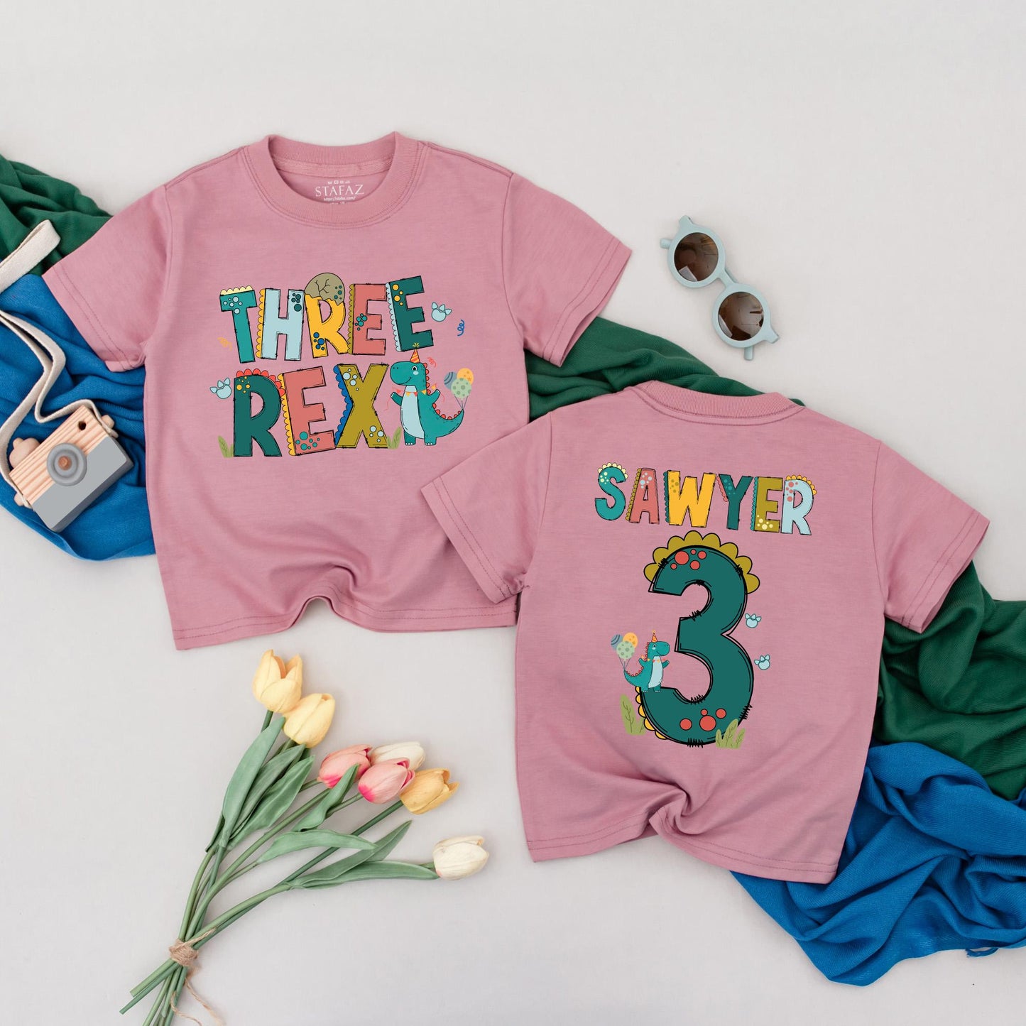 Personalized Three Rex Birthday T-Shirt for 3rd Birthday Boy - Custom Dinosaur Toddler Tee with Sawyer's Name, Cute Dino Outfit
