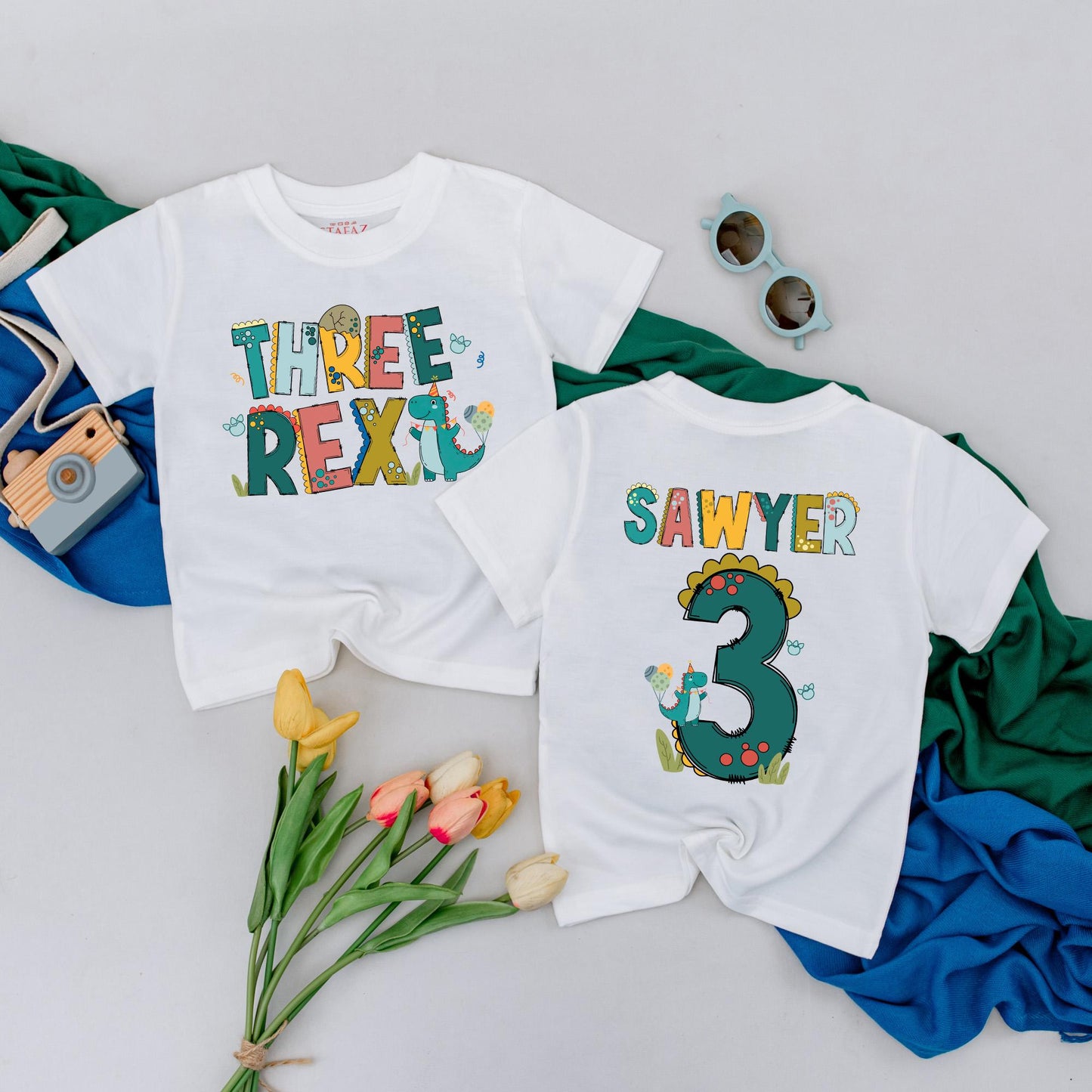 Personalized Three Rex Birthday T-Shirt for 3rd Birthday Boy - Custom Dinosaur Toddler Tee with Sawyer's Name, Cute Dino Outfit
