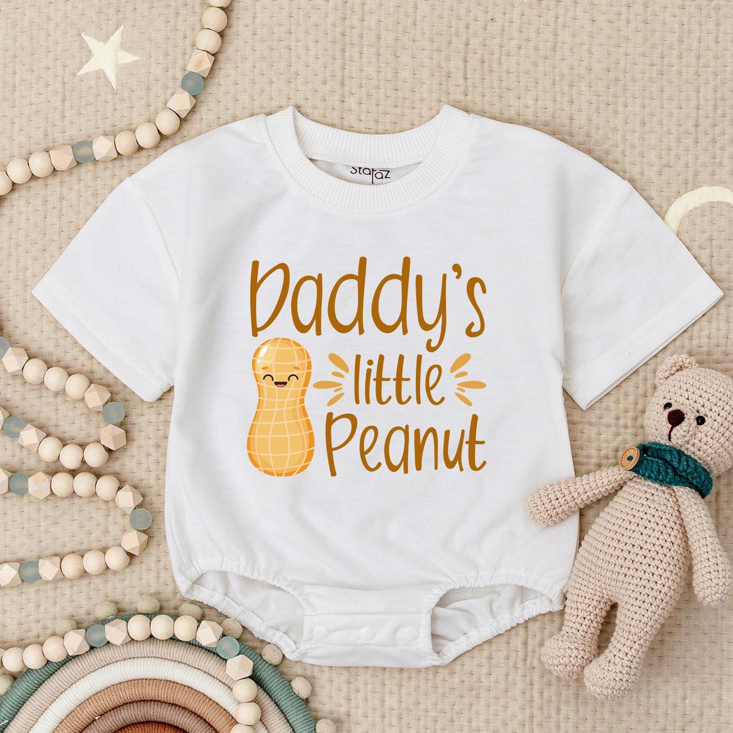 Daddy's Little Peanut Baby Romper Bodysuit New Dad Outfit Cute Infant Boy Peanut Take Home Outfit Baby Shower Gift Caramel Brown Handwritten Style