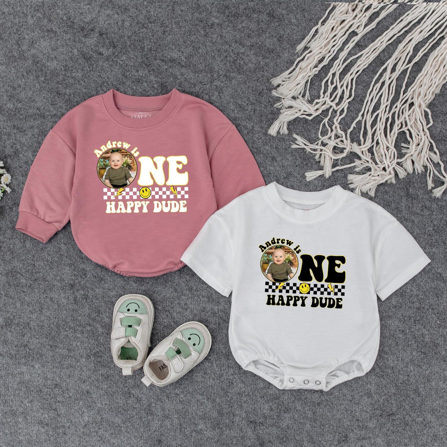 Andrew is ONE HAPPY DUDE First Birthday Romper Custom Photo Checkered Smile Face Baby Outfit Playful Celebration Personalized Birthday Gift Cute Clothes (139 chars)