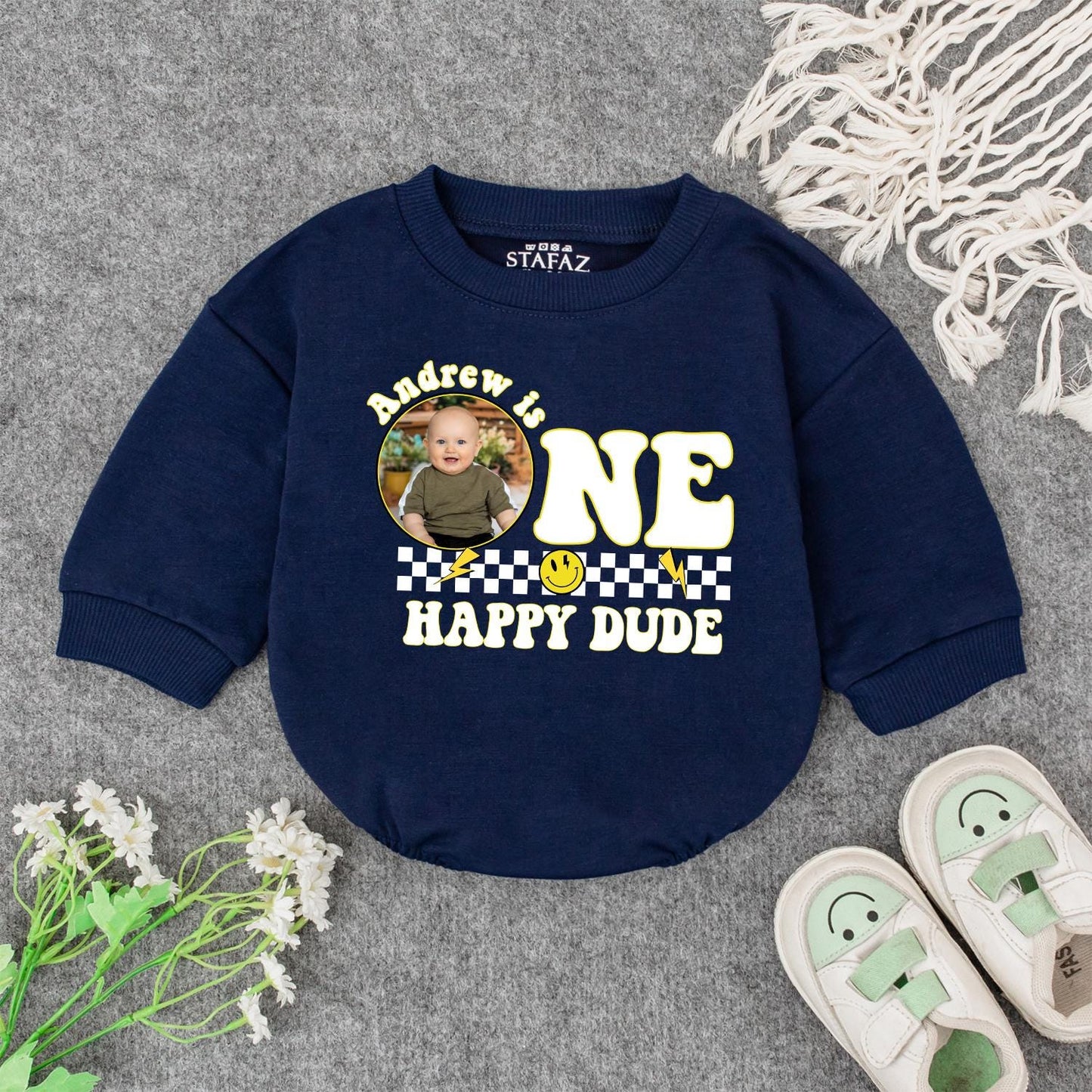 Andrew is ONE HAPPY DUDE First Birthday Romper Custom Photo Checkered Smile Face Baby Outfit Playful Celebration Personalized Birthday Gift Cute Clothes (139 chars)