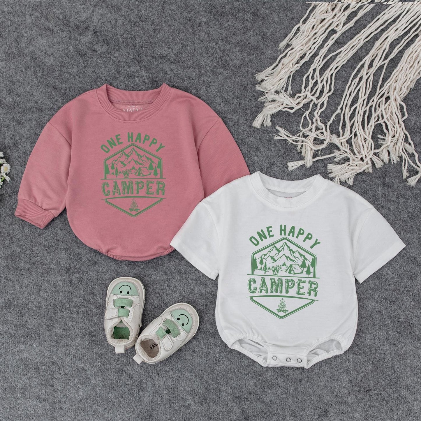 One Happy Camper Baby Romper First Birthday Outfit Cute Camping Design Mountain Tent Campfire Green Hexagon Triangle Modern Graphic Natural Cotton Comfortable Summer Gift Toddler