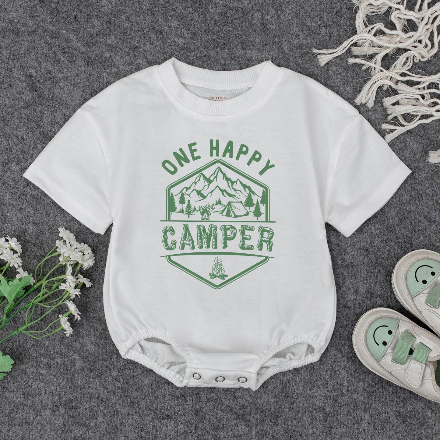 One Happy Camper Baby Romper First Birthday Outfit Cute Camping Design Mountain Tent Campfire Green Hexagon Triangle Modern Graphic Natural Cotton Comfortable Summer Gift Toddler