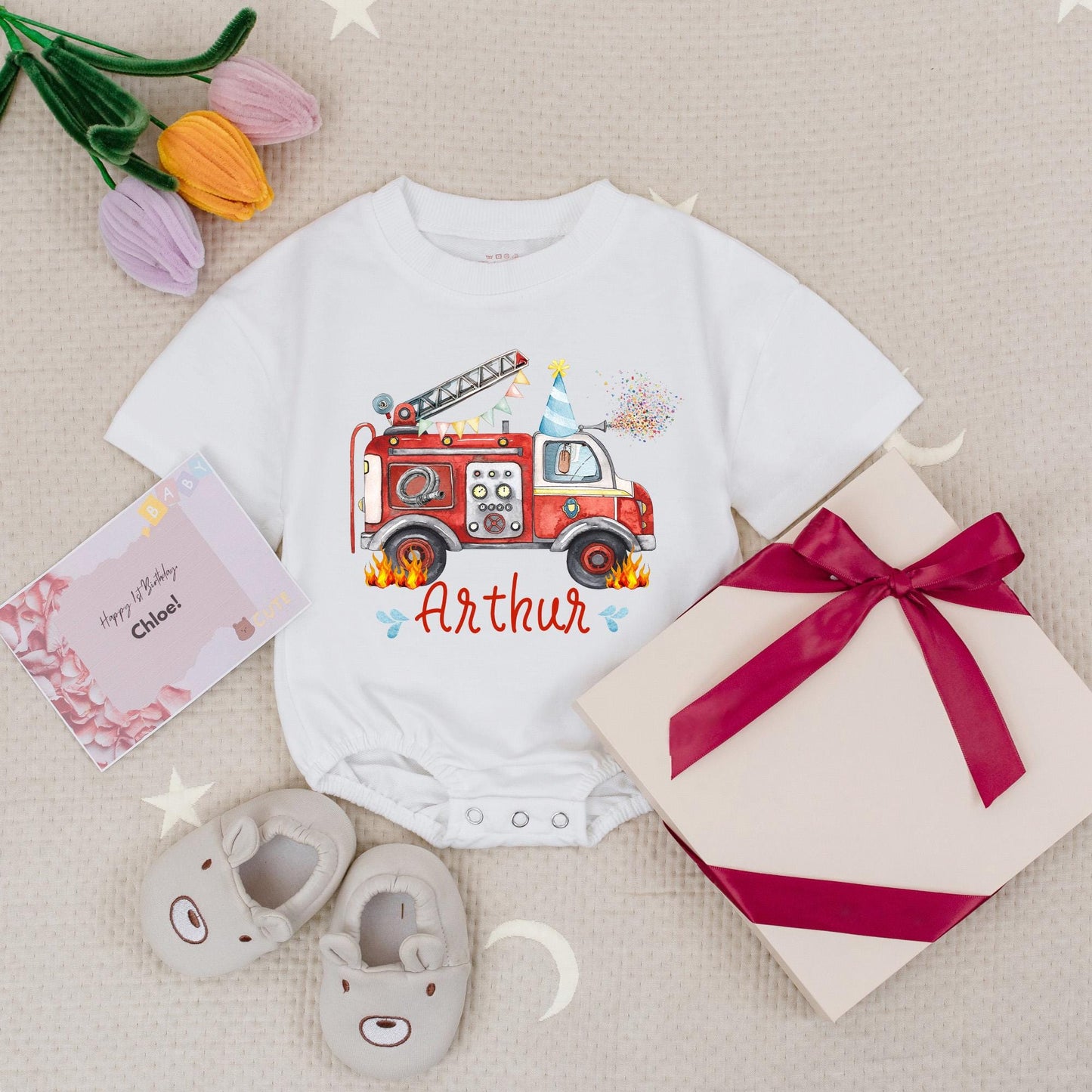 Arthur's Fire Truck Birthday Romper: Personalized First Birthday Outfit, Fun Fire Engine Party Babysuit, Cute Flames Design for Little Boys, Custom Name