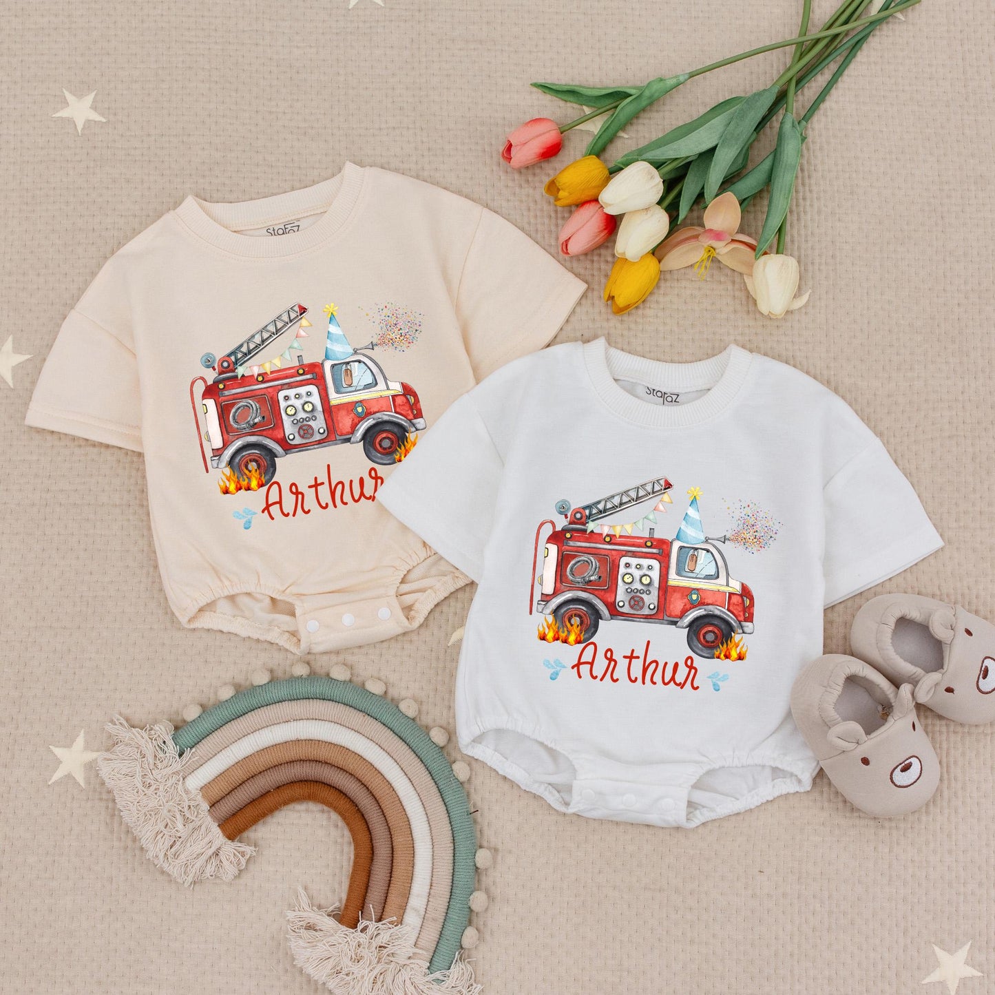Arthur's Fire Truck Birthday Romper: Personalized First Birthday Outfit, Fun Fire Engine Party Babysuit, Cute Flames Design for Little Boys, Custom Name