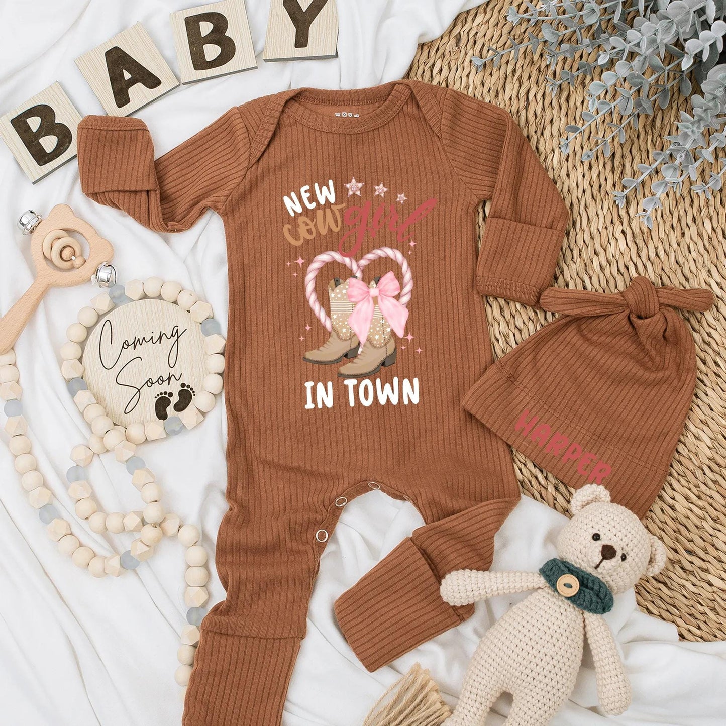 New Cowgirl in Town Baby Girl Bodysuit Cowboy Boots Western Baby Shower Gift Newborn Coming Home Outfit Personalized