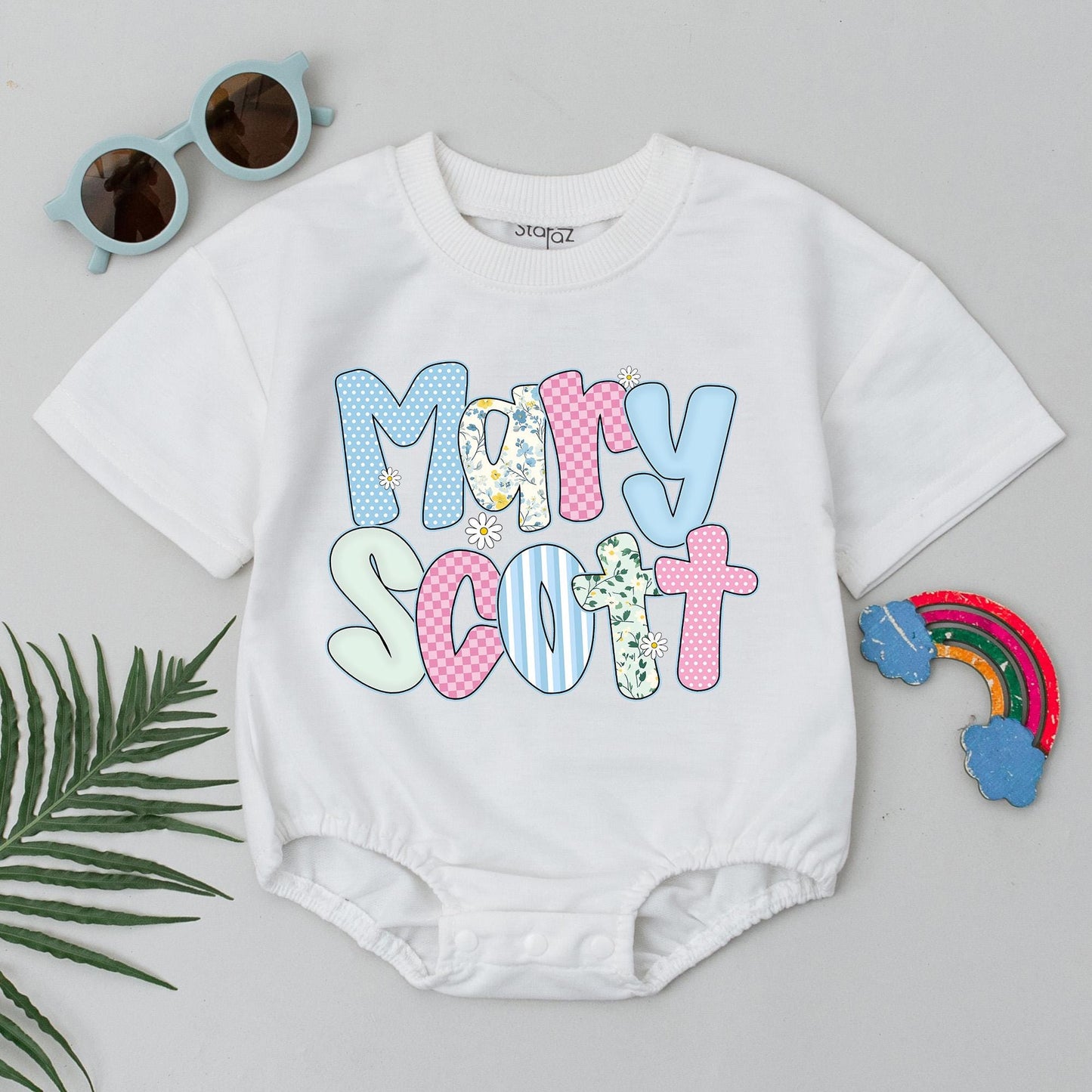 Personalized Mary Scott Baby Bubble Romper - Cute Floral Name Design, Summer Baby Girl Outfit, Custom Baby Shower Gift