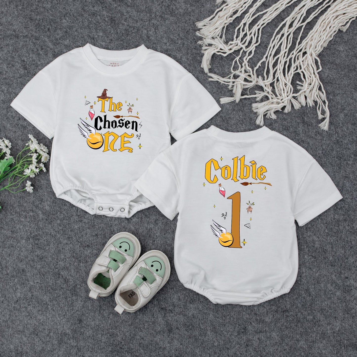 The Chosen One Baby Wizard Birthday Bubble Romper First Birthday Magical Party Outfit Newborn Shower Gift