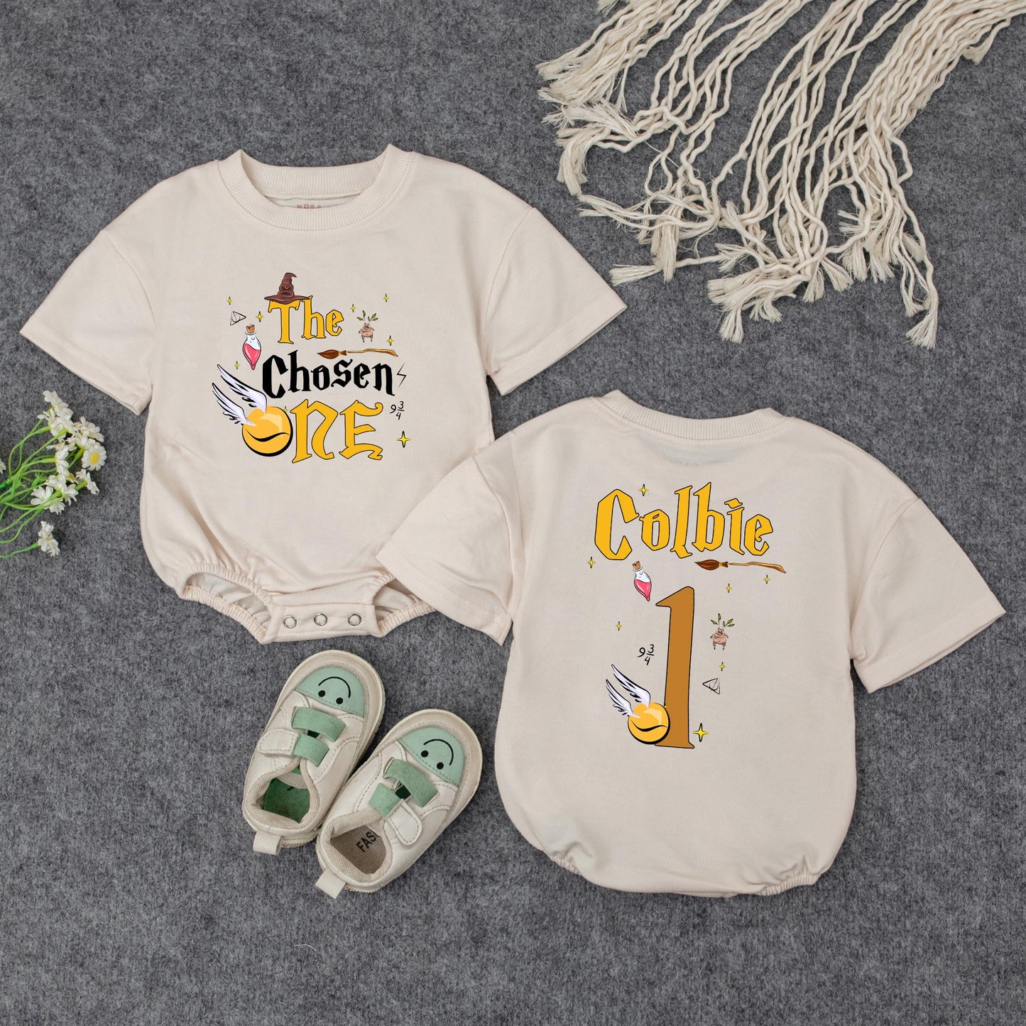 The Chosen One Baby Wizard Birthday Bubble Romper First Birthday Magical Party Outfit Newborn Shower Gift