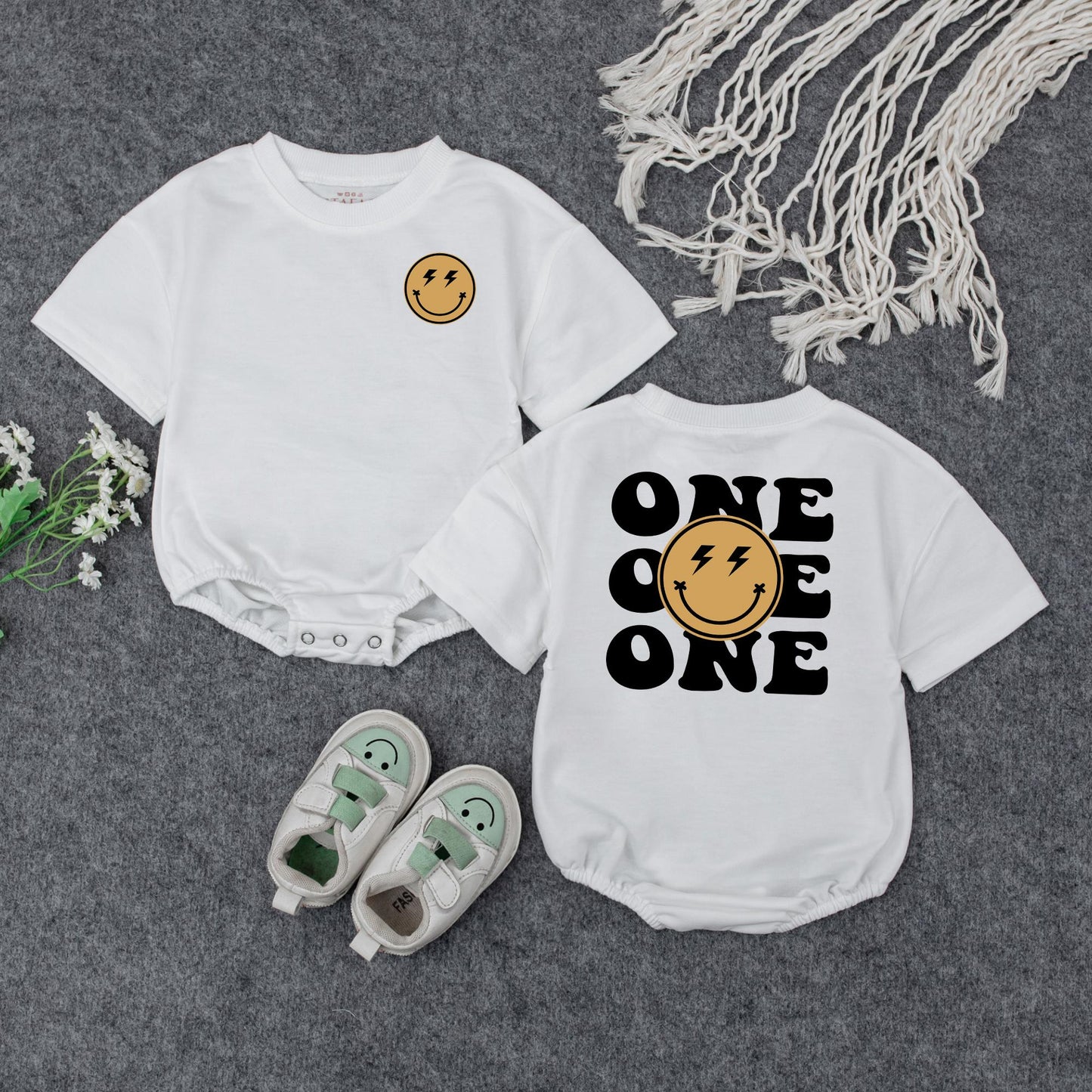One Happy Dude 1st Birthday Romper, Smiley Face Lightning Bolt Outfit, Cool Baby Bodysuit, Modern Playful Newborn Clothes Shower Gift, Family Photos (139 chars)