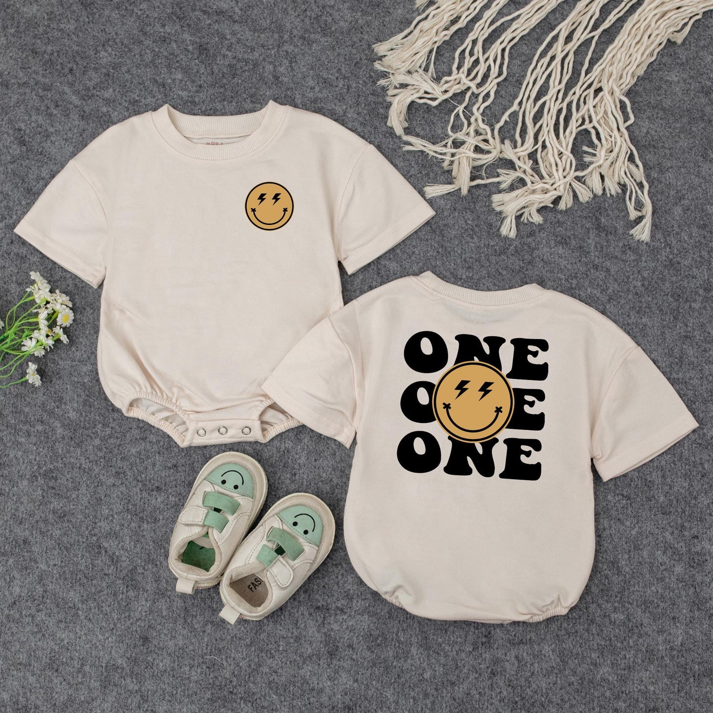 One Happy Dude 1st Birthday Romper, Smiley Face Lightning Bolt Outfit, Cool Baby Bodysuit, Modern Playful Newborn Clothes Shower Gift, Family Photos (139 chars)