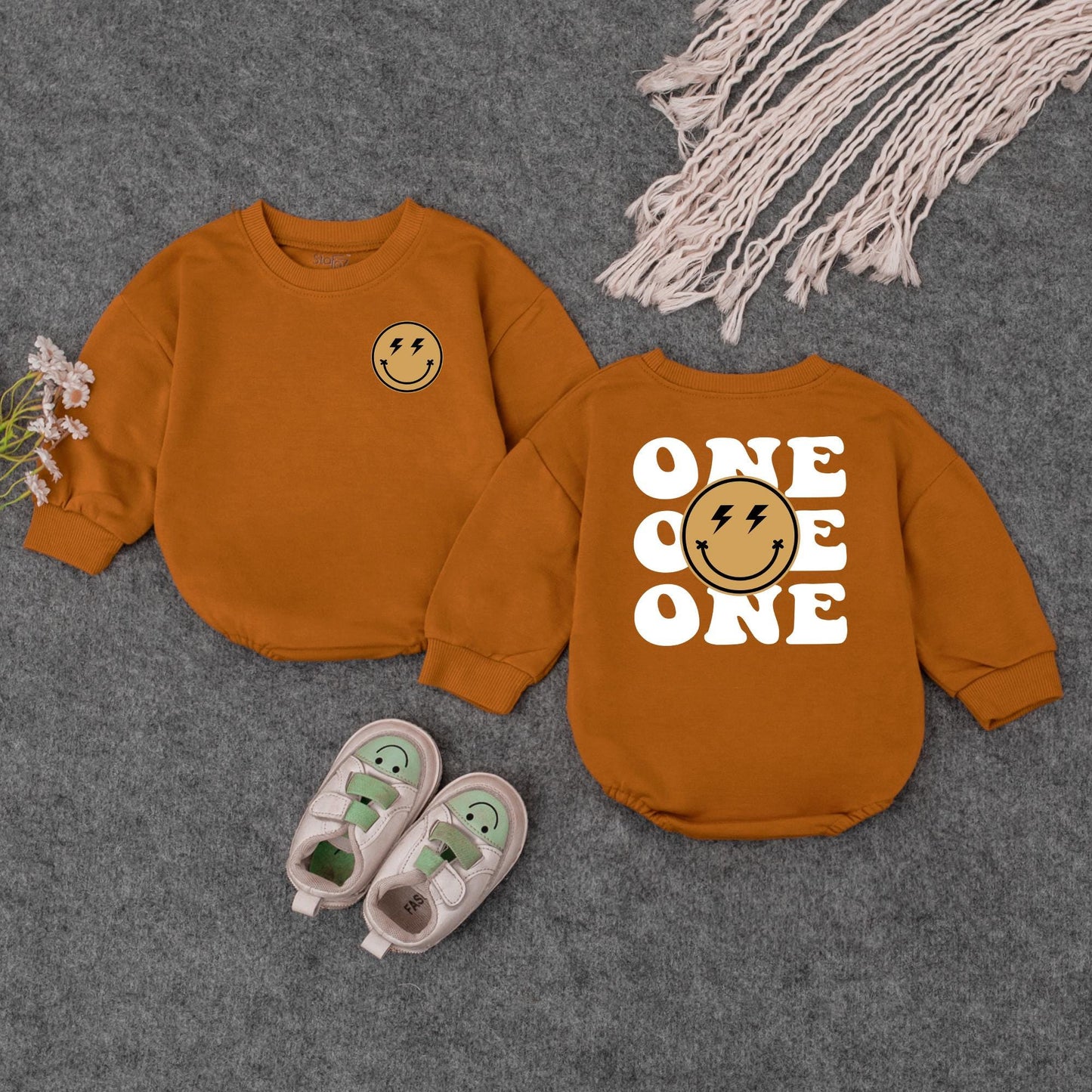 One Happy Dude 1st Birthday Romper, Smiley Face Lightning Bolt Outfit, Cool Baby Bodysuit, Modern Playful Newborn Clothes Shower Gift, Family Photos (139 chars)