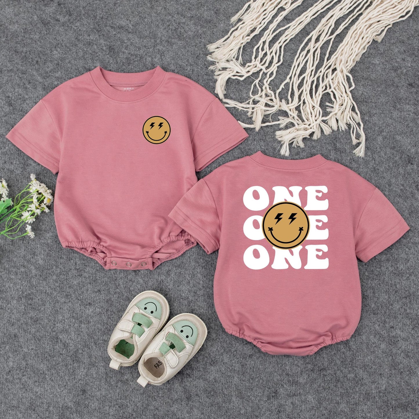 One Happy Dude 1st Birthday Romper, Smiley Face Lightning Bolt Outfit, Cool Baby Bodysuit, Modern Playful Newborn Clothes Shower Gift, Family Photos (139 chars)
