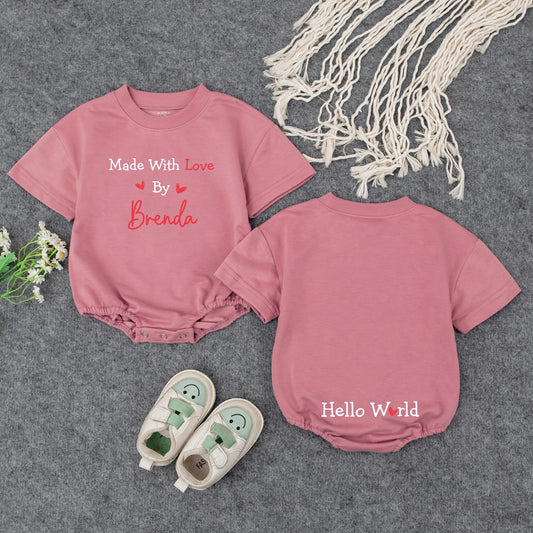 Made With Love Personalized Baby Romper, Cute IVF Announcement Bodysuit, Hello World Heart Design, Unique Baby Shower Gift, Black and Red 139