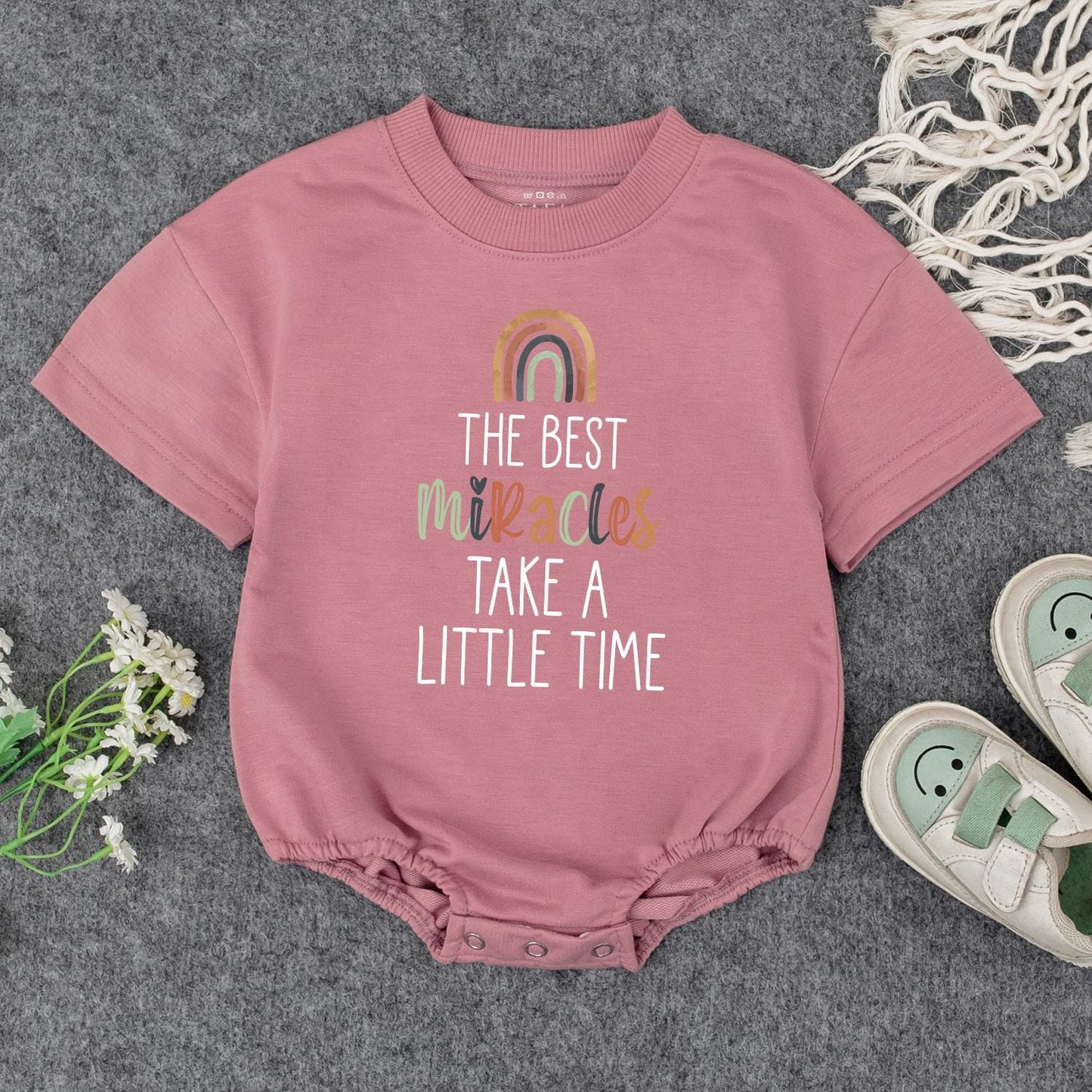 Miracles Take Time Baby Romper, Earth Tone Rainbow Bodysuit, IVF Baby Gift, Sweet Vintage Baby Announcement Outfit, Baby Shower Present (139 chars)