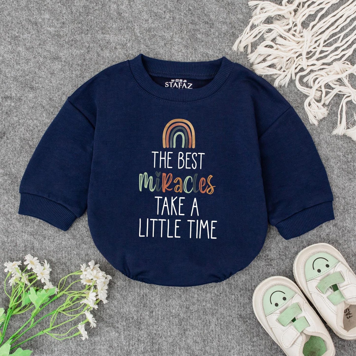 Miracles Take Time Baby Romper, Earth Tone Rainbow Bodysuit, IVF Baby Gift, Sweet Vintage Baby Announcement Outfit, Baby Shower Present (139 chars)