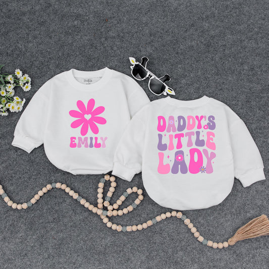 Custom Daddy's Little Lady Groovy Pink Purple Flower Baby Romper Toddler Tee Cute Fathers Day Daddy Daughter Outfit Infant Girl Gift