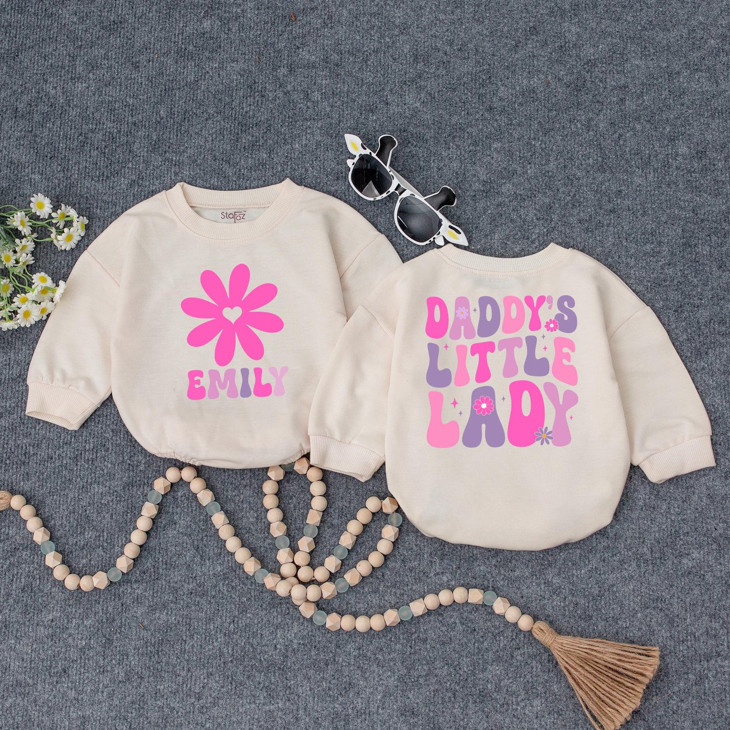 Custom Daddy's Little Lady Groovy Pink Purple Flower Baby Romper Toddler Tee Cute Fathers Day Daddy Daughter Outfit Infant Girl Gift