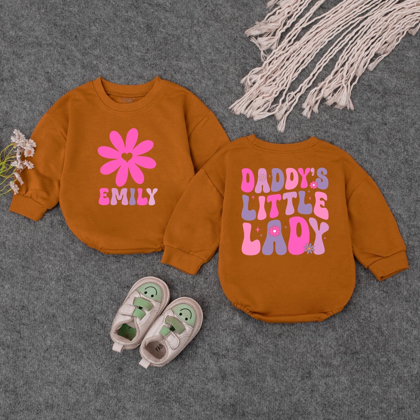 Custom Daddy's Little Lady Groovy Pink Purple Flower Baby Romper Toddler Tee Cute Fathers Day Daddy Daughter Outfit Infant Girl Gift