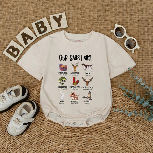 God Says I Am Hunting Baby Romper Outdoor Christian Boy Outfit Mallard Duck Religious Gift for Newborn