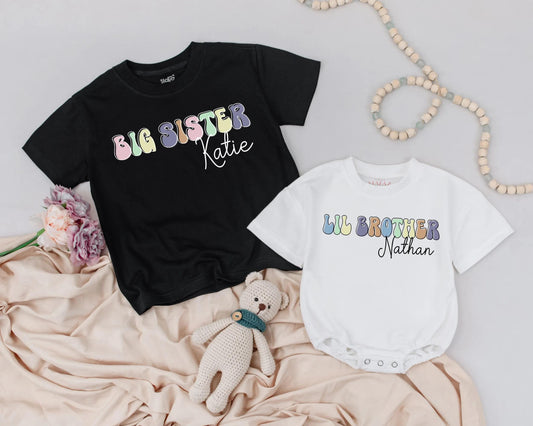 Big Sister Lil Brother Retro Pastel Outfit Custom Name Toddler Girl Baby Boy Matching Sibling Set Announcement Gender Reveal Gift