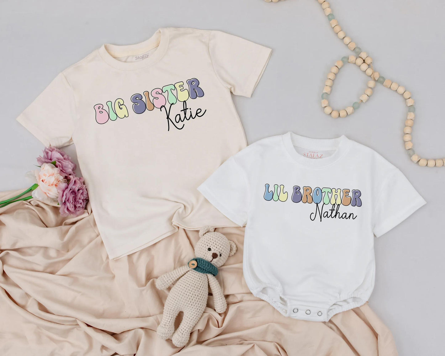 Big Sister Lil Brother Retro Pastel Outfit Custom Name Toddler Girl Baby Boy Matching Sibling Set Announcement Gender Reveal Gift
