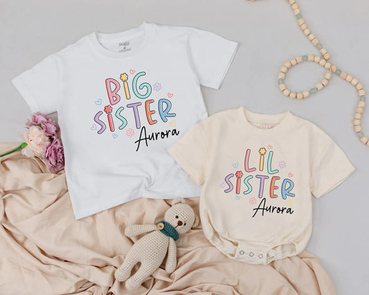Cute Pastel Sister Matching Outfit Personalized with Name for Toddler and Newborn Sibling Gift Announcement