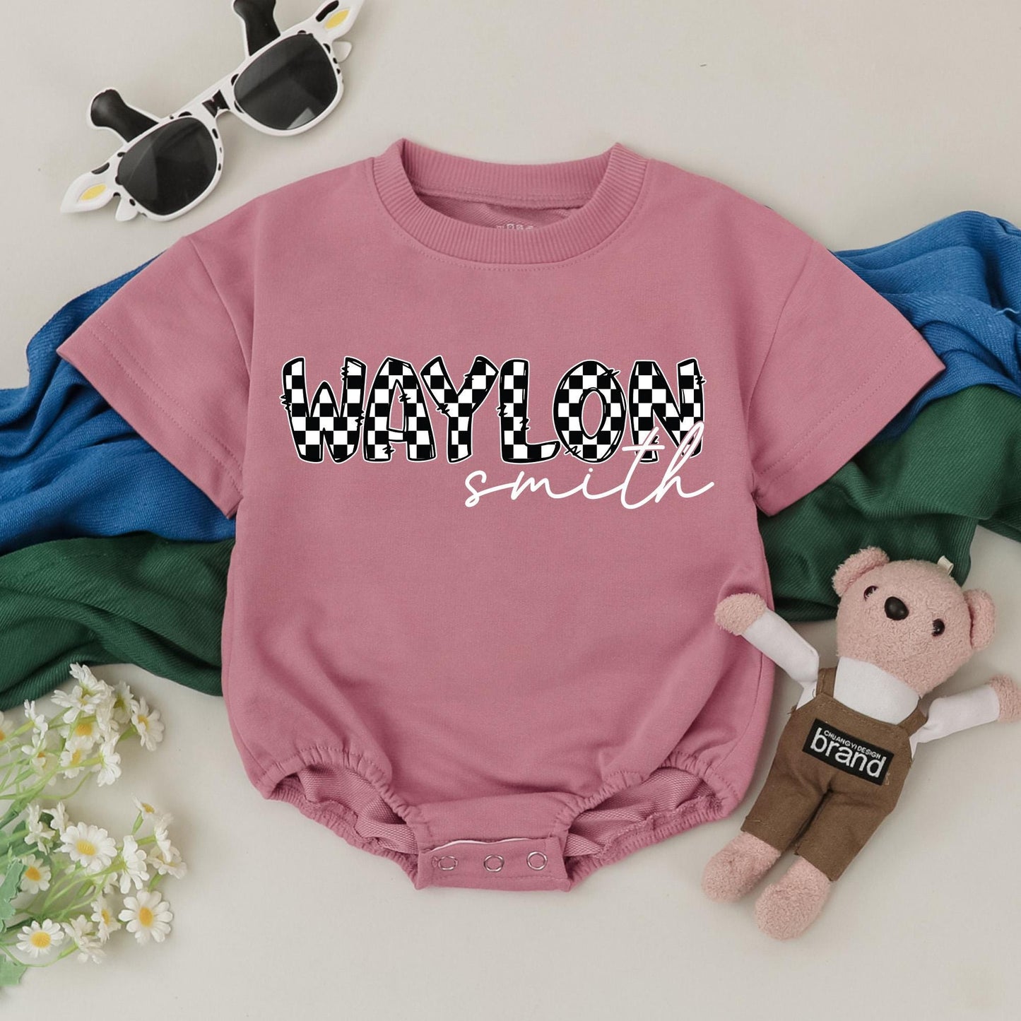 Personalized Checkered Baby Romper Custom Name Infant Bodysuit Cute Boy Girl Outfit Baby Shower Gift Idea