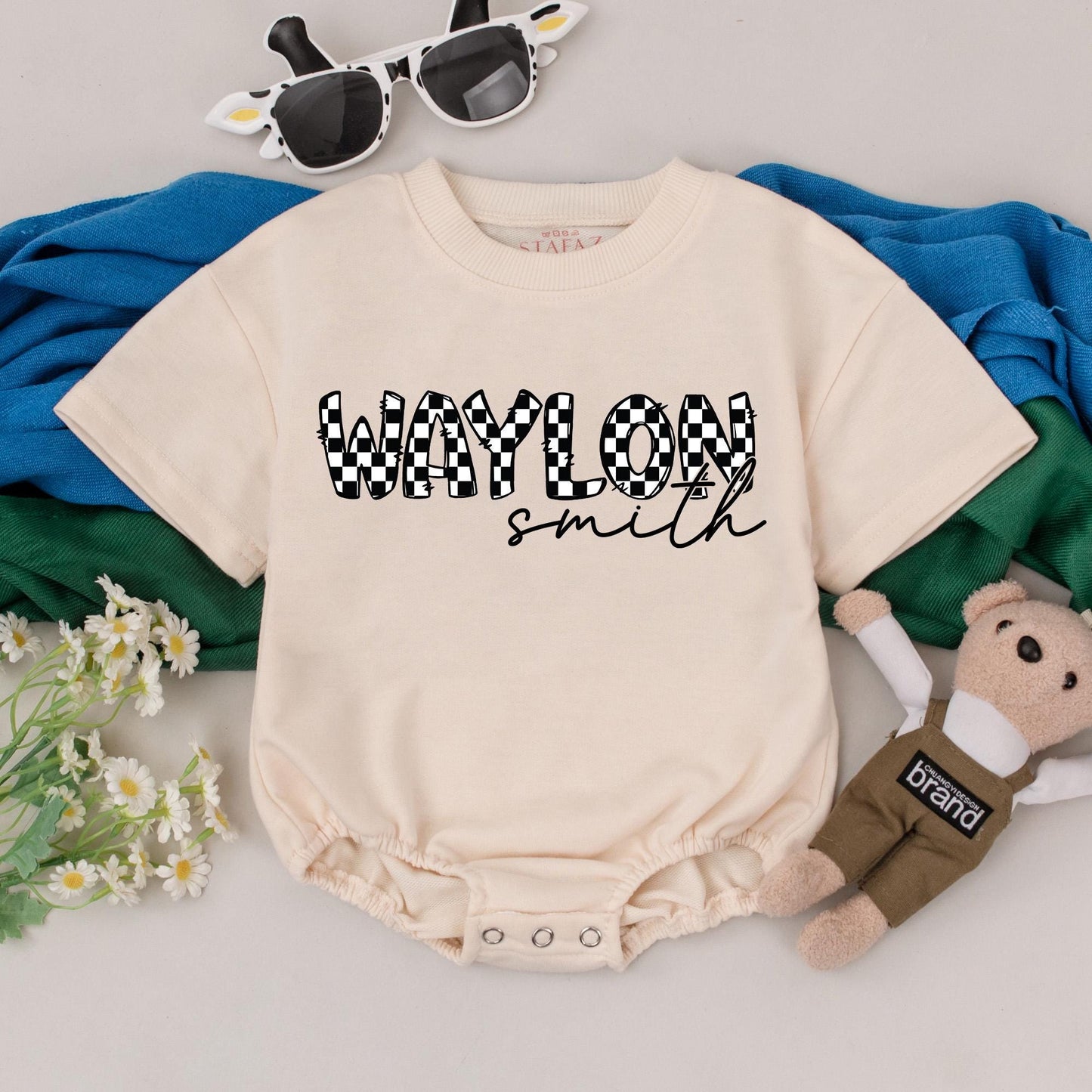 Personalized Checkered Baby Romper Custom Name Infant Bodysuit Cute Boy Girl Outfit Baby Shower Gift Idea