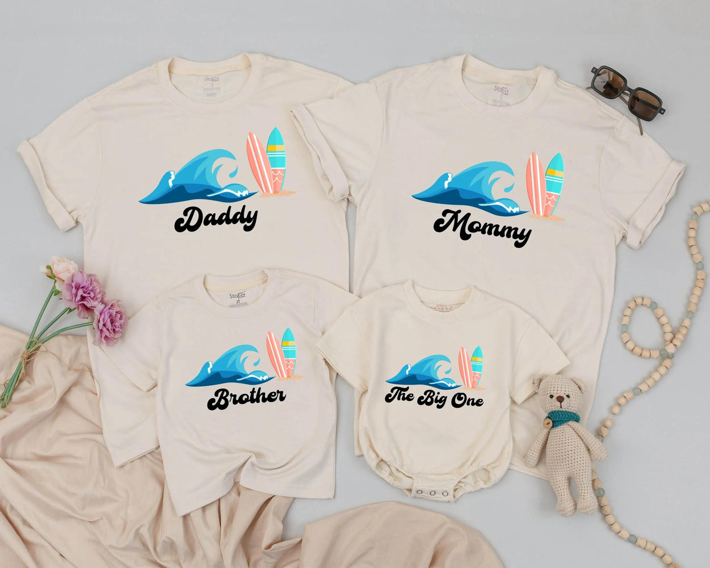 Personalized Matching Family Surf Shirts featuring Ocean Wave & Colorful Surfboards Summer Beach Vacation Birthday Outfit The Big One Theme Gift