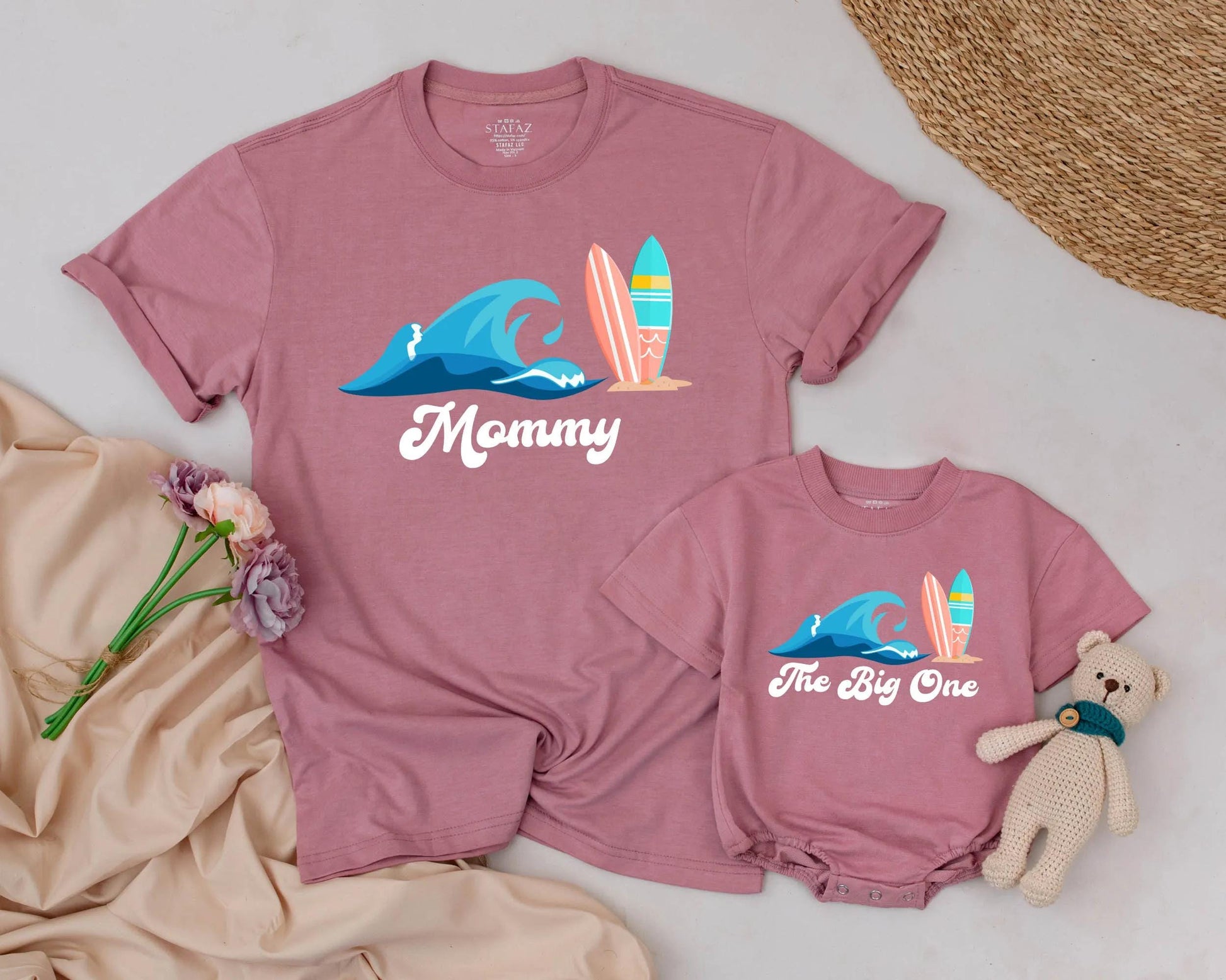 Personalized Matching Family Surf Shirts featuring Ocean Wave & Colorful Surfboards Summer Beach Vacation Birthday Outfit The Big One Theme Gift