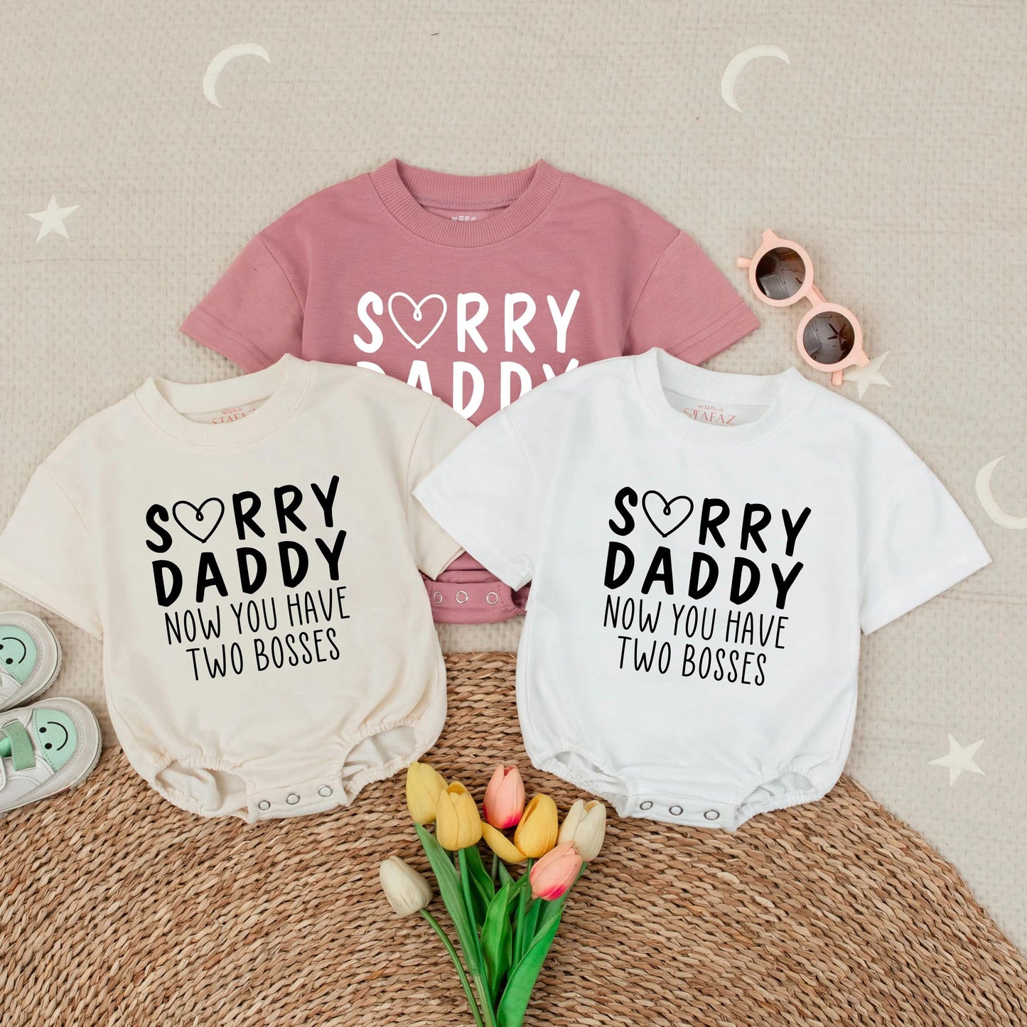 Sorry Daddy Two Bosses Romper Funny Baby Outfit First Father Day Gift Short Sleeve Announcing New Baby Coming Home Outfit