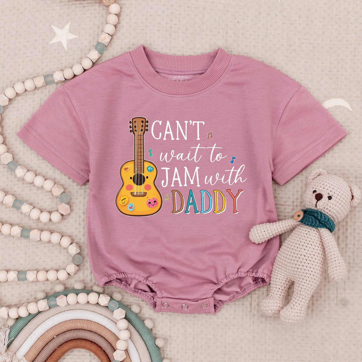Can't Wait to Jam with Daddy Baby Romper Guitar Music Notes Cute Rainbow Daddy's Music Buddy Infant Bodysuit