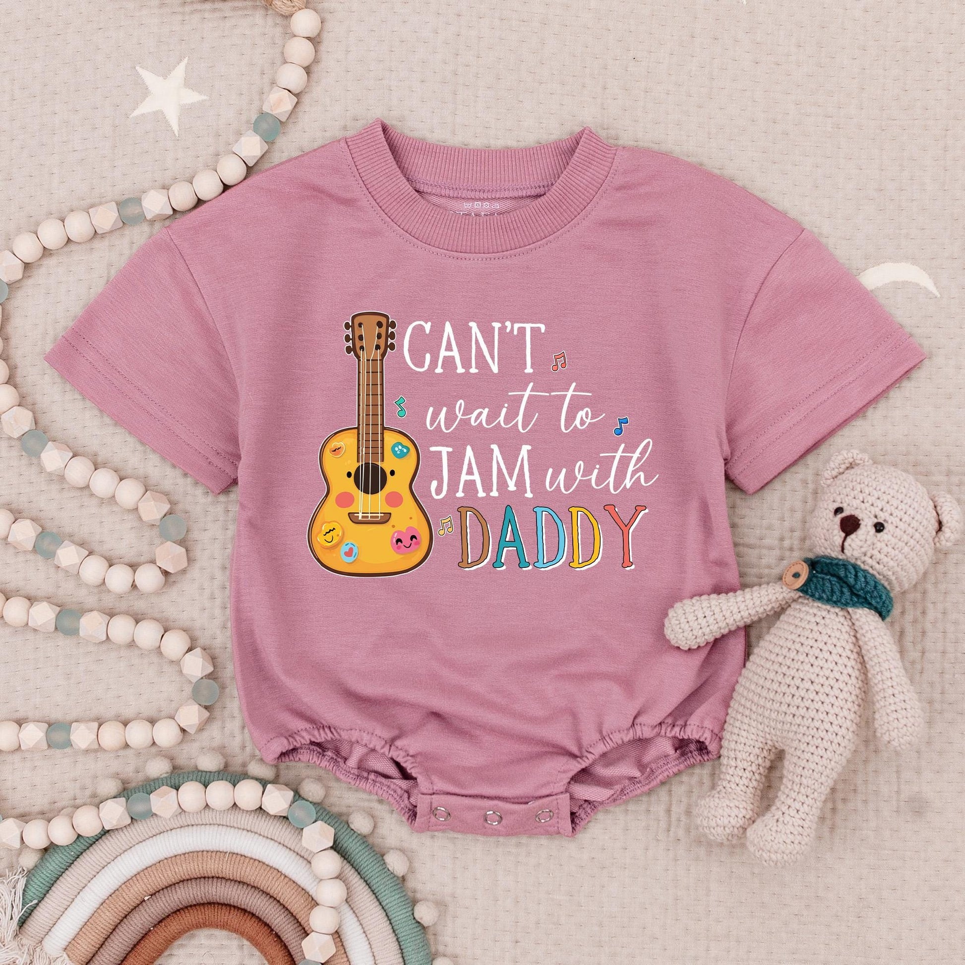 Can't Wait to Jam with Daddy Baby Romper Guitar Music Notes Cute Rainbow Daddy's Music Buddy Infant Bodysuit