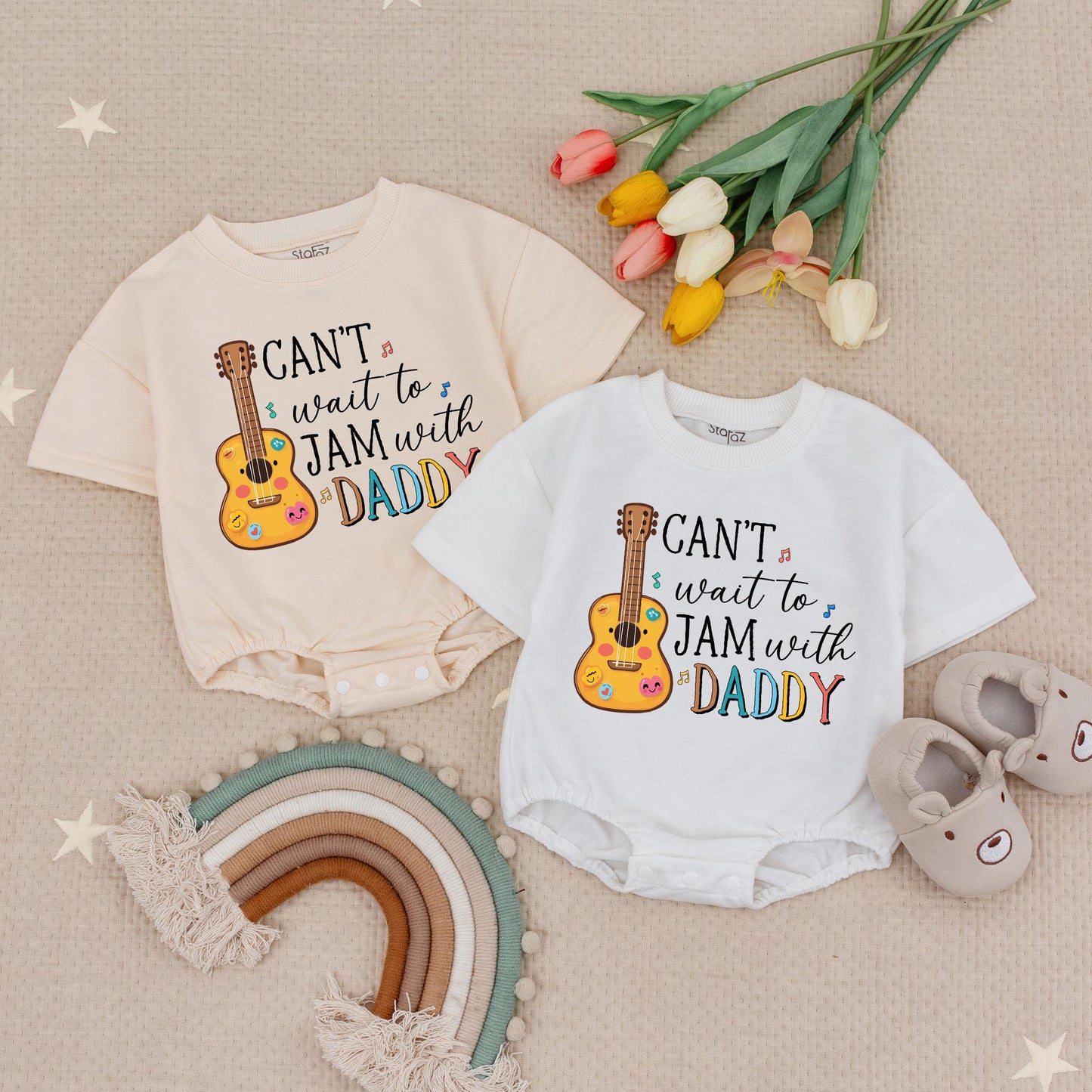 Can't Wait to Jam with Daddy Baby Romper Guitar Music Notes Cute Rainbow Daddy's Music Buddy Infant Bodysuit
