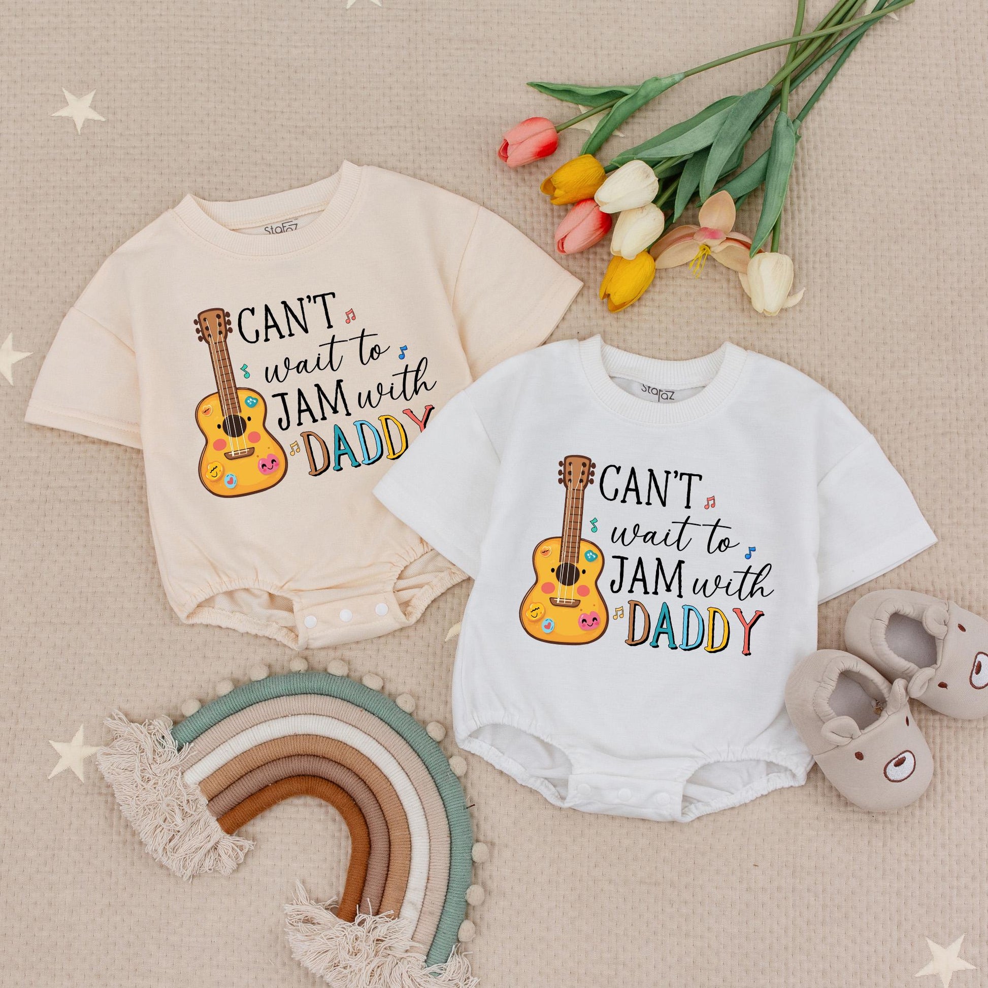 Can't Wait to Jam with Daddy Baby Romper Guitar Music Notes Cute Rainbow Daddy's Music Buddy Infant Bodysuit
