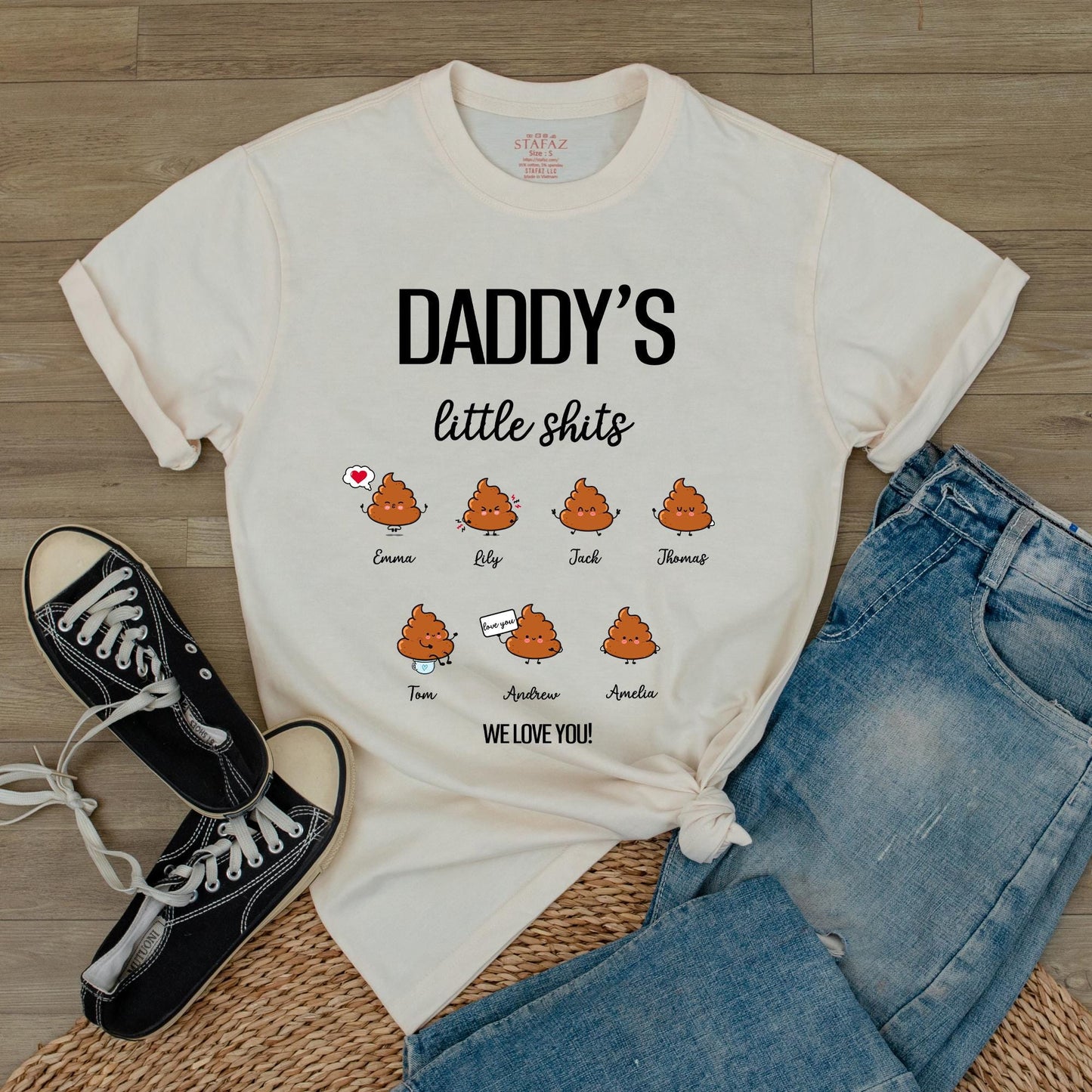 Grandpa's Little Shits Custom T-Shirt | Personalized Dad & Kid Names Gift for Grandpa | Baby Announcement New Grandfather Gift (139 chars)