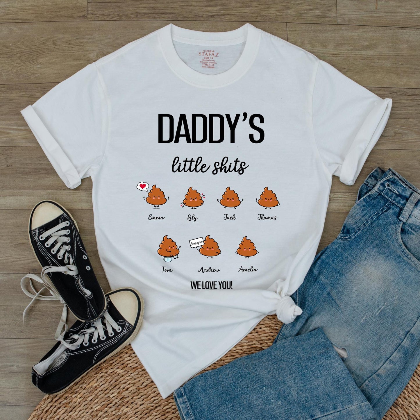 Grandpa's Little Shits Custom T-Shirt | Personalized Dad & Kid Names Gift for Grandpa | Baby Announcement New Grandfather Gift (139 chars)