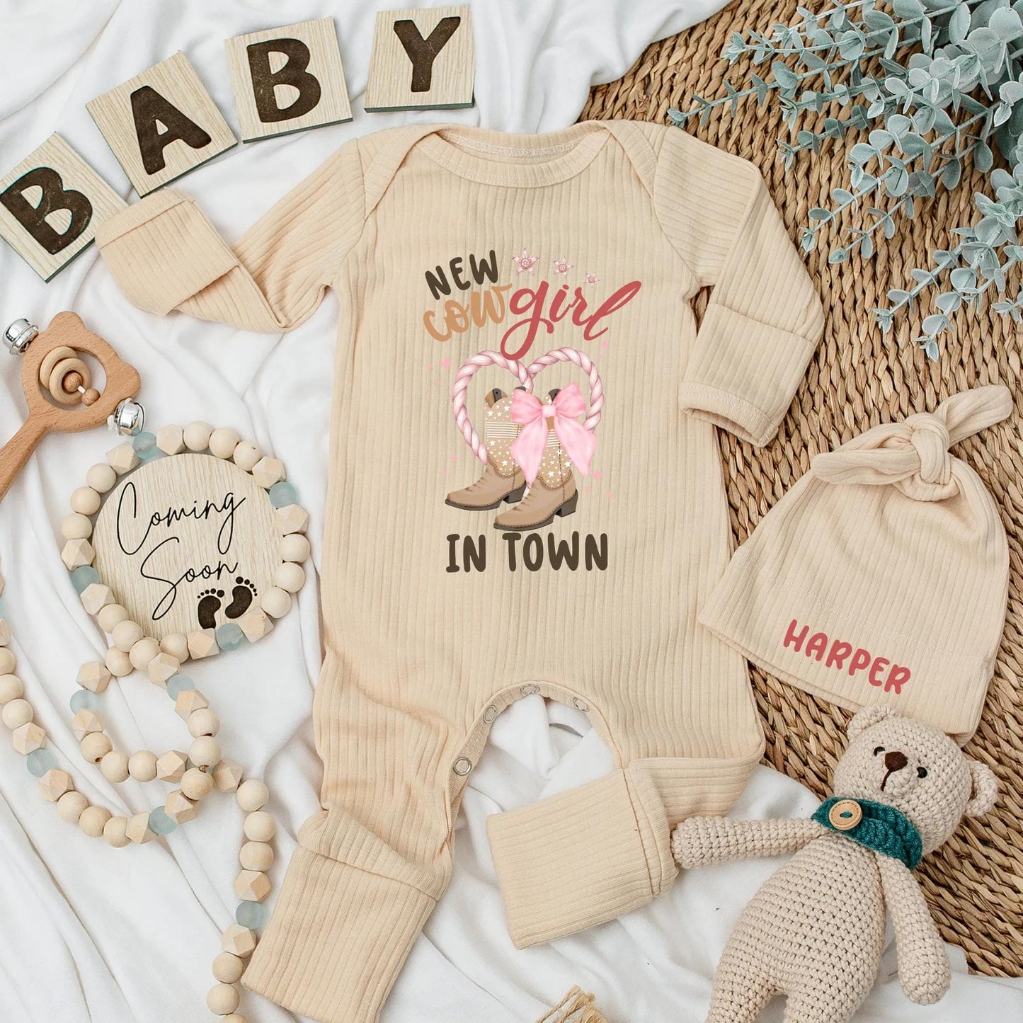 New Cowgirl in Town Baby Girl Bodysuit Cowboy Boots Western Baby Shower Gift Newborn Coming Home Outfit Personalized
