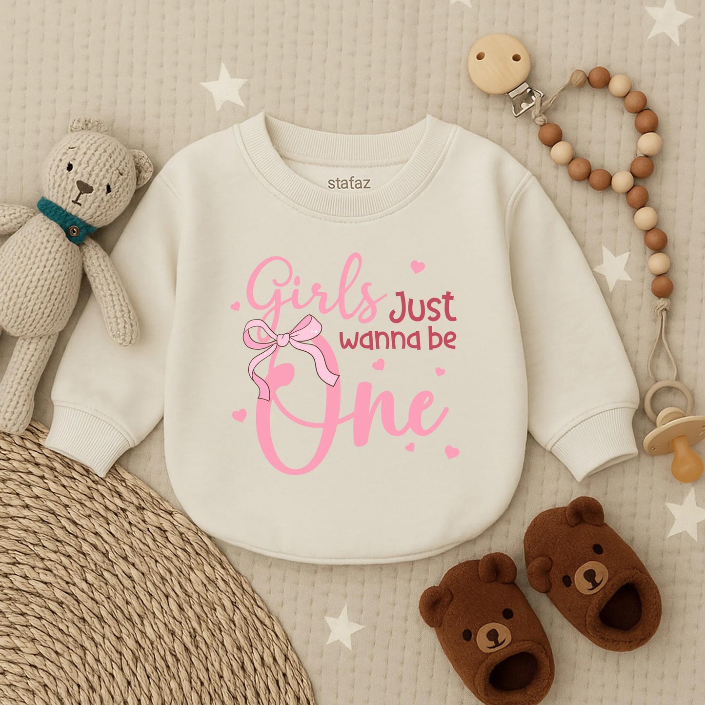 Girls Just Wanna Be One Pink Long Sleeve Bubble Romper Adorable First Birthday Baby Girl Outfit Toddler Party Clothes Sweet Baby Shower Gift