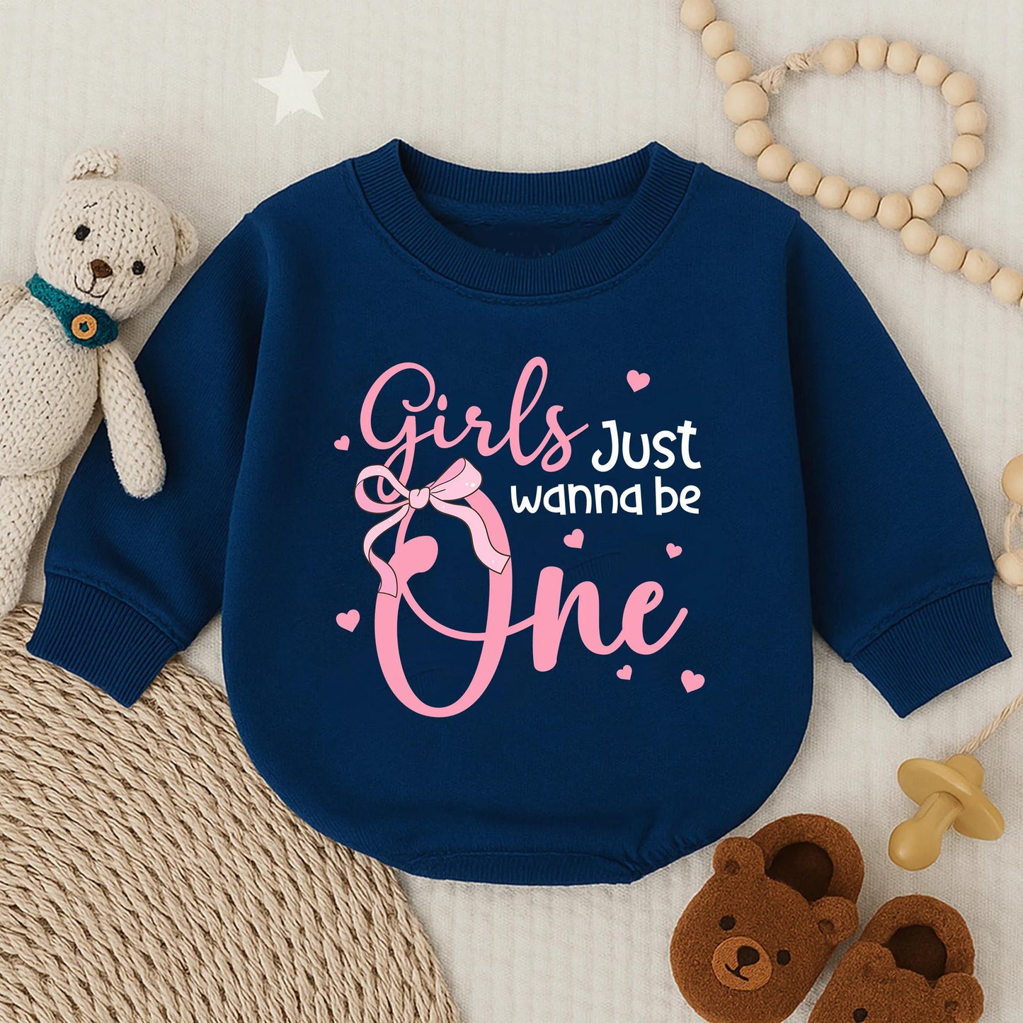 Girls Just Wanna Be One Pink Long Sleeve Bubble Romper Adorable First Birthday Baby Girl Outfit Toddler Party Clothes Sweet Baby Shower Gift