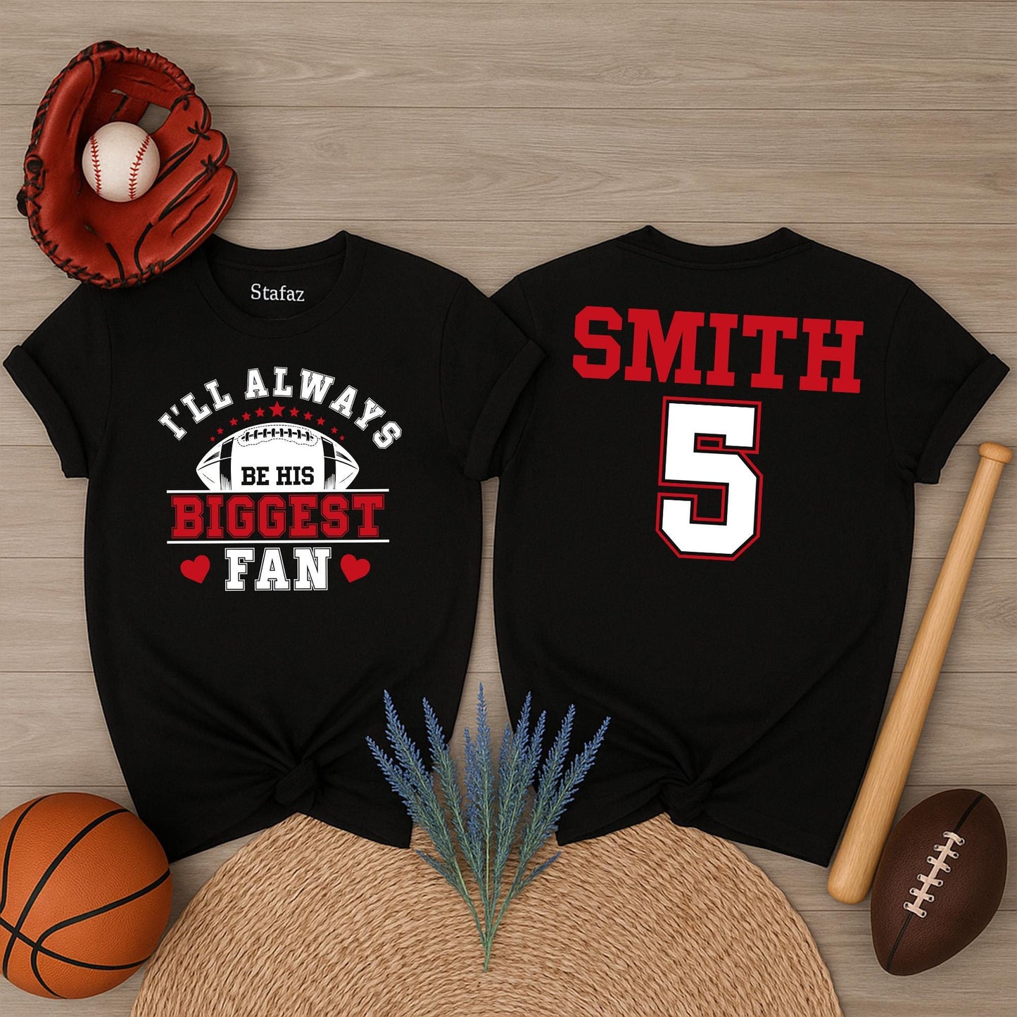 Custom Football Mom Shirt Always His Biggest Fan Personalized Name Number Game Day Spirit Wear