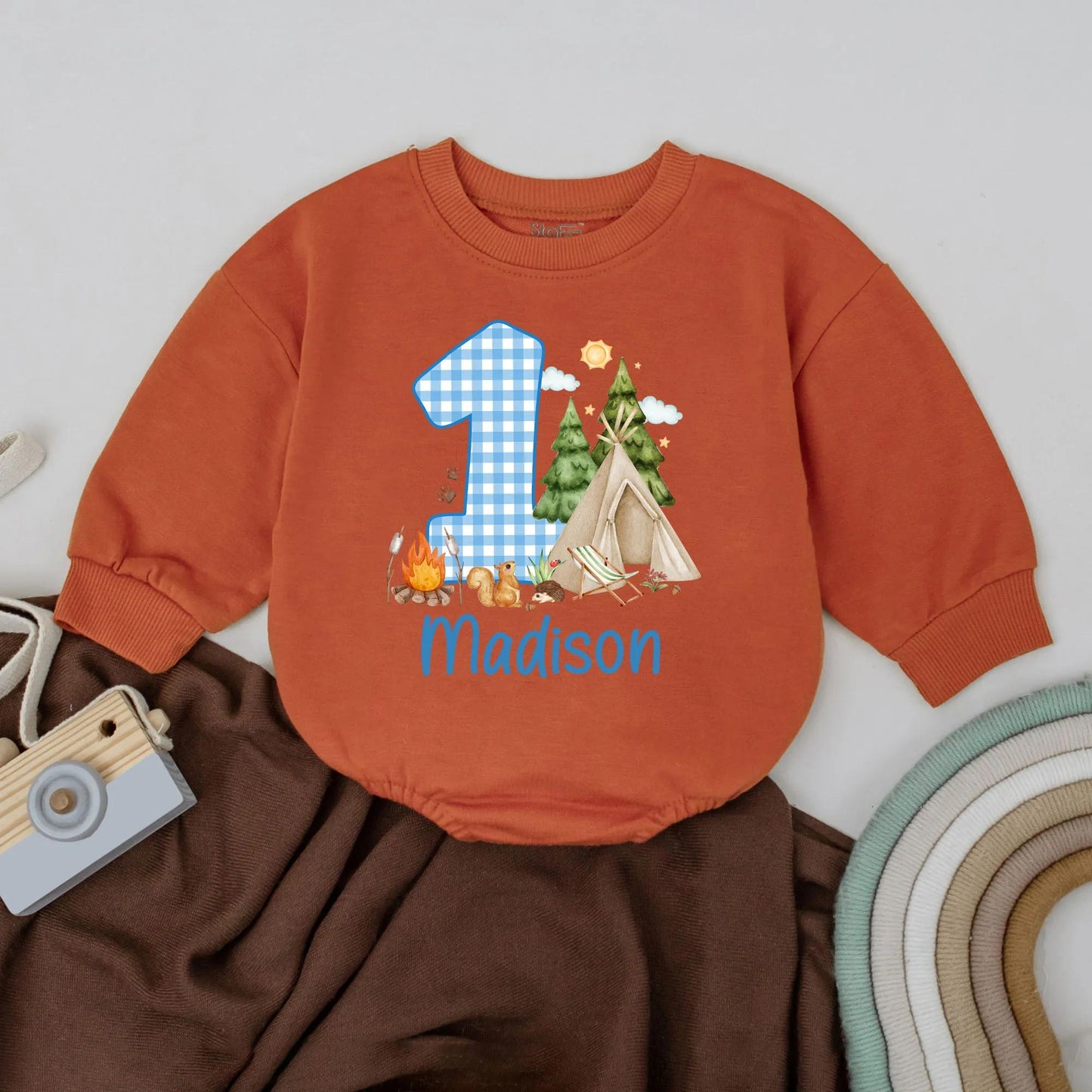 Woodland Camping Adventure First Birthday Romper Personalized Name Toddler Boy Girl Outfit Adorable Baby Clothes