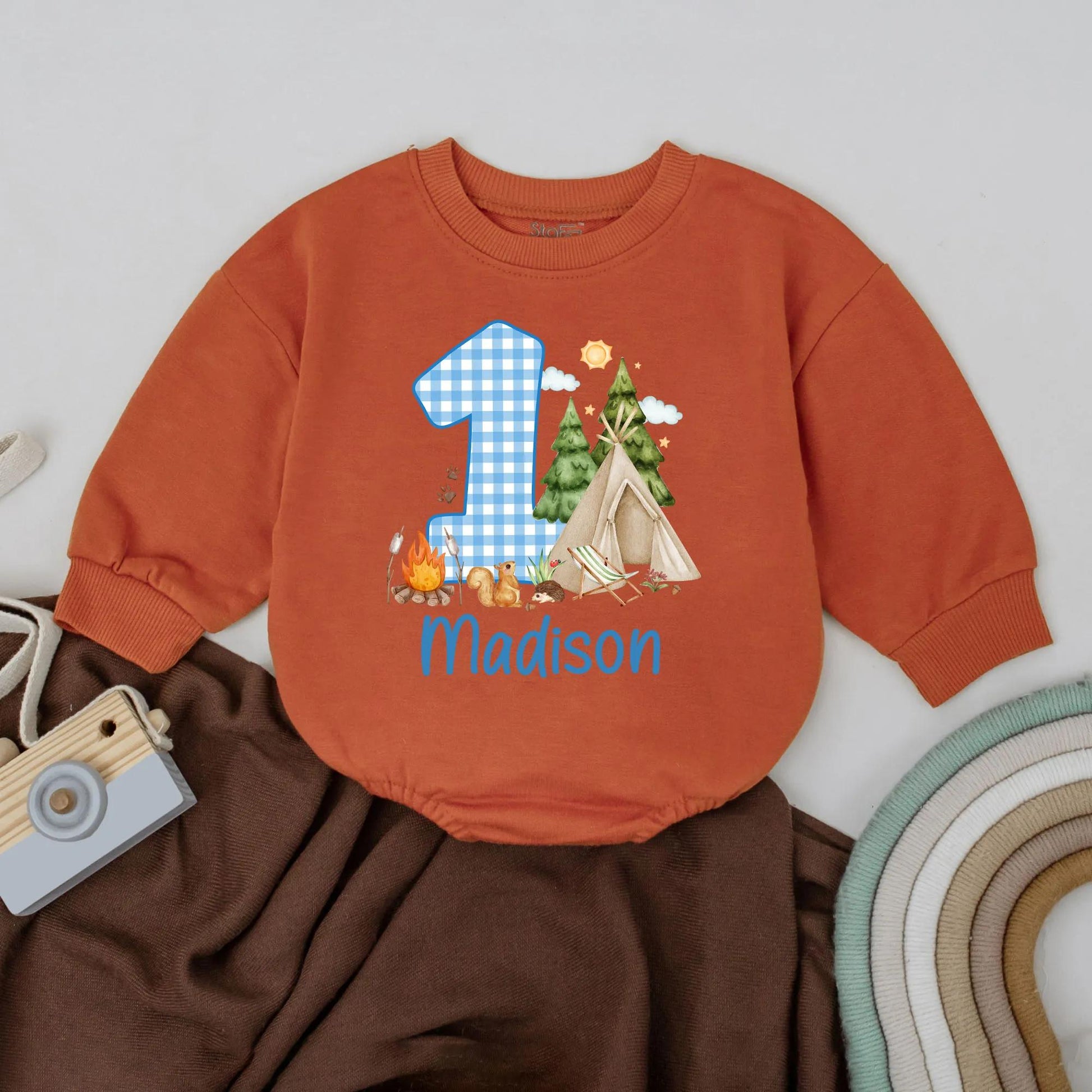 Woodland Camping Adventure First Birthday Romper Personalized Name Toddler Boy Girl Outfit Adorable Baby Clothes