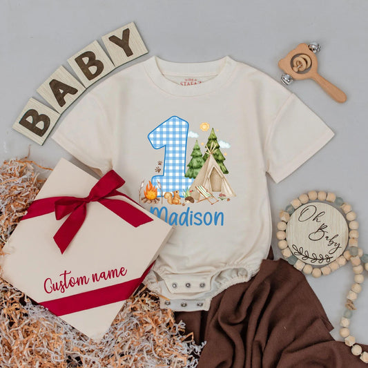 Woodland Camping Adventure First Birthday Romper Personalized Name Toddler Boy Girl Outfit Adorable Baby Clothes