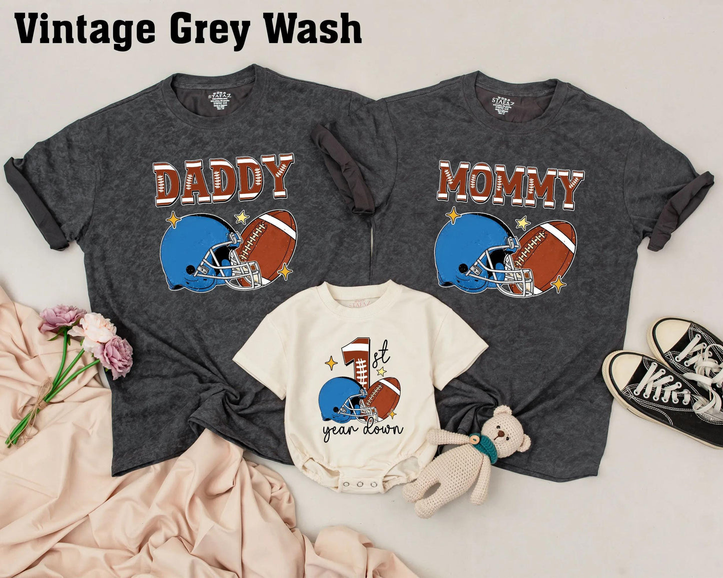 1st Year Down Football Family Matching Shirts, Personalized Birthday Outfit, Game Day Tee, One Year Old, Sports Theme, Comfy Cotton, Mommy & Me