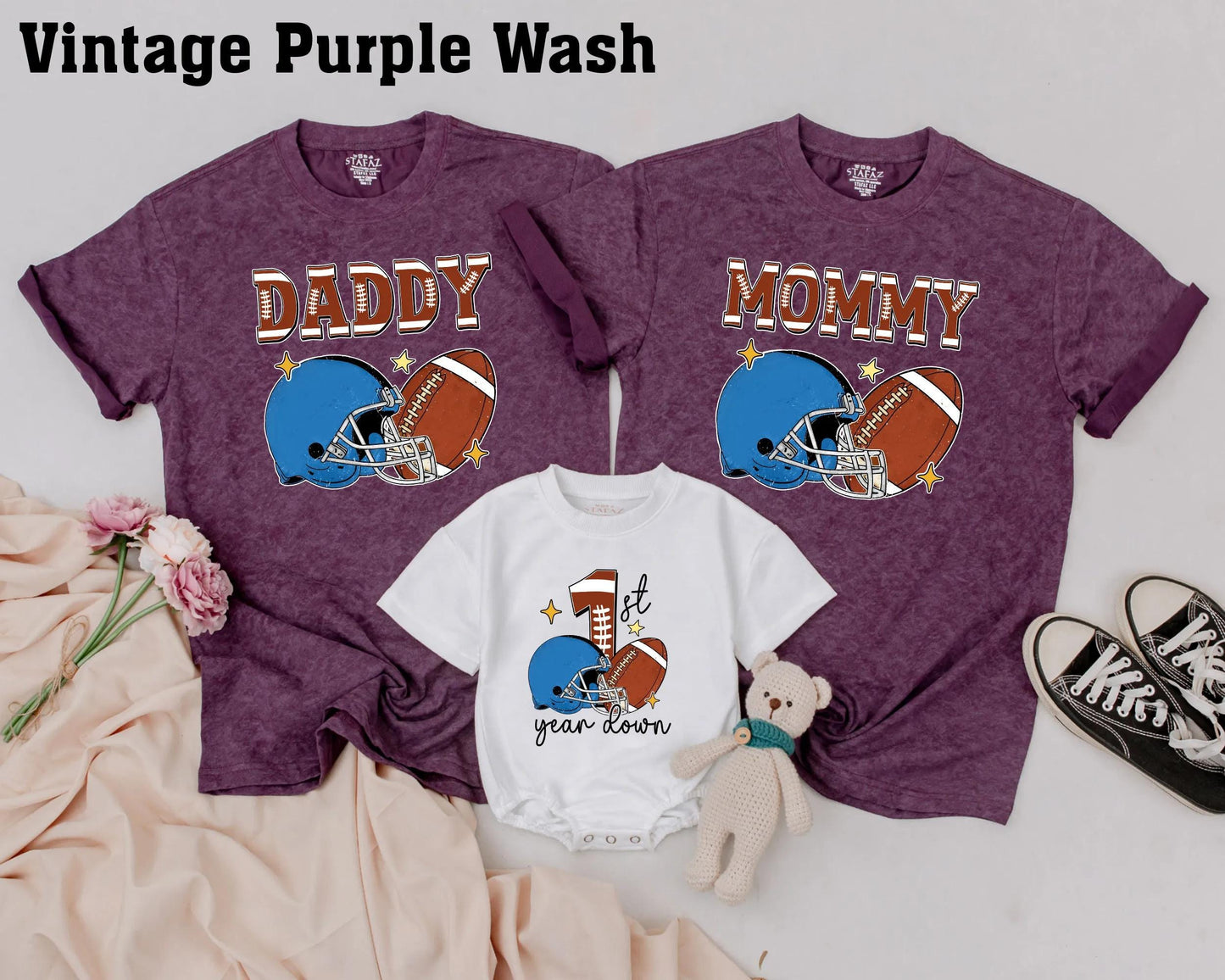 1st Year Down Football Family Matching Shirts, Personalized Birthday Outfit, Game Day Tee, One Year Old, Sports Theme, Comfy Cotton, Mommy & Me